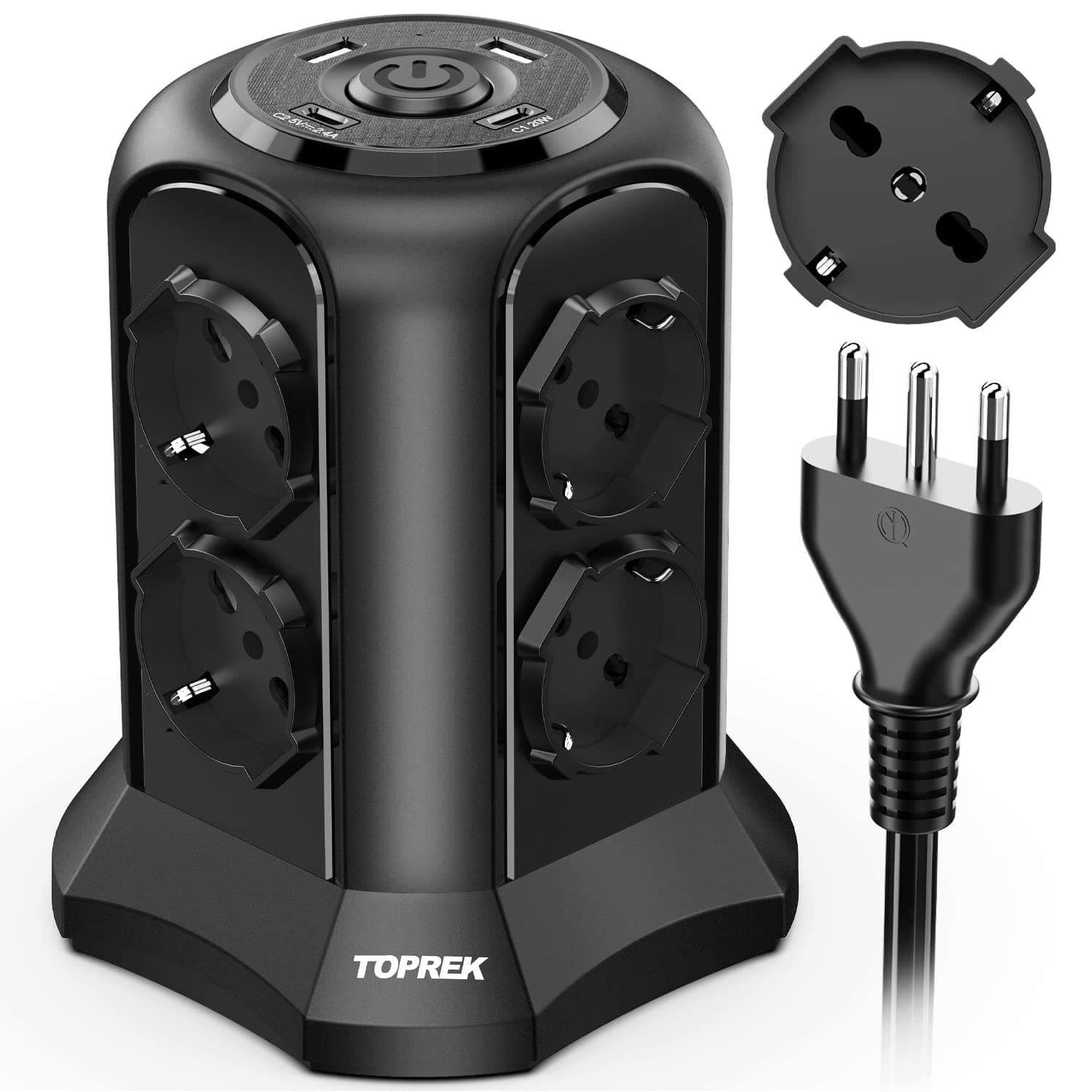 TOPREK Multipresa Verticale con 8 Prese Universali ITA 10/16A e Schuko e 2 Tipo C e 2 Tipo A(USB-C1 20W PD3.0 Ricarica Rapida), 4000W/16A, Ciabatta Multipresa con Interruttore,2M Cavo,Spina 16A,Nero