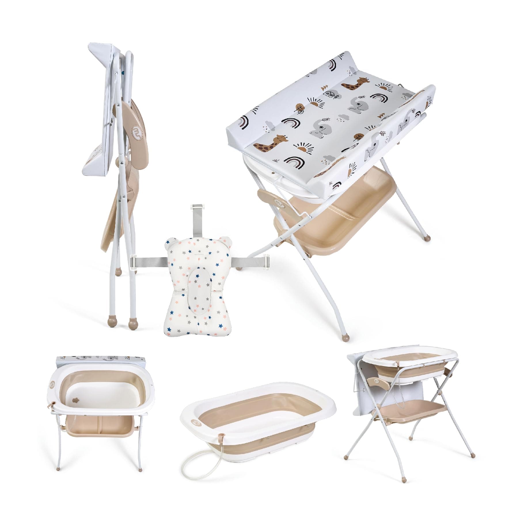 Ms BabyWorld ZOE - Bañera Bebe con Patas, Cambiador, Cojín Reductor y Cesta Portaobjetos - Comoda, Facil de Guardar, con Tapón y Patas Antideslizantes - Bañera Bebé Plegable y Portatil (Beige)