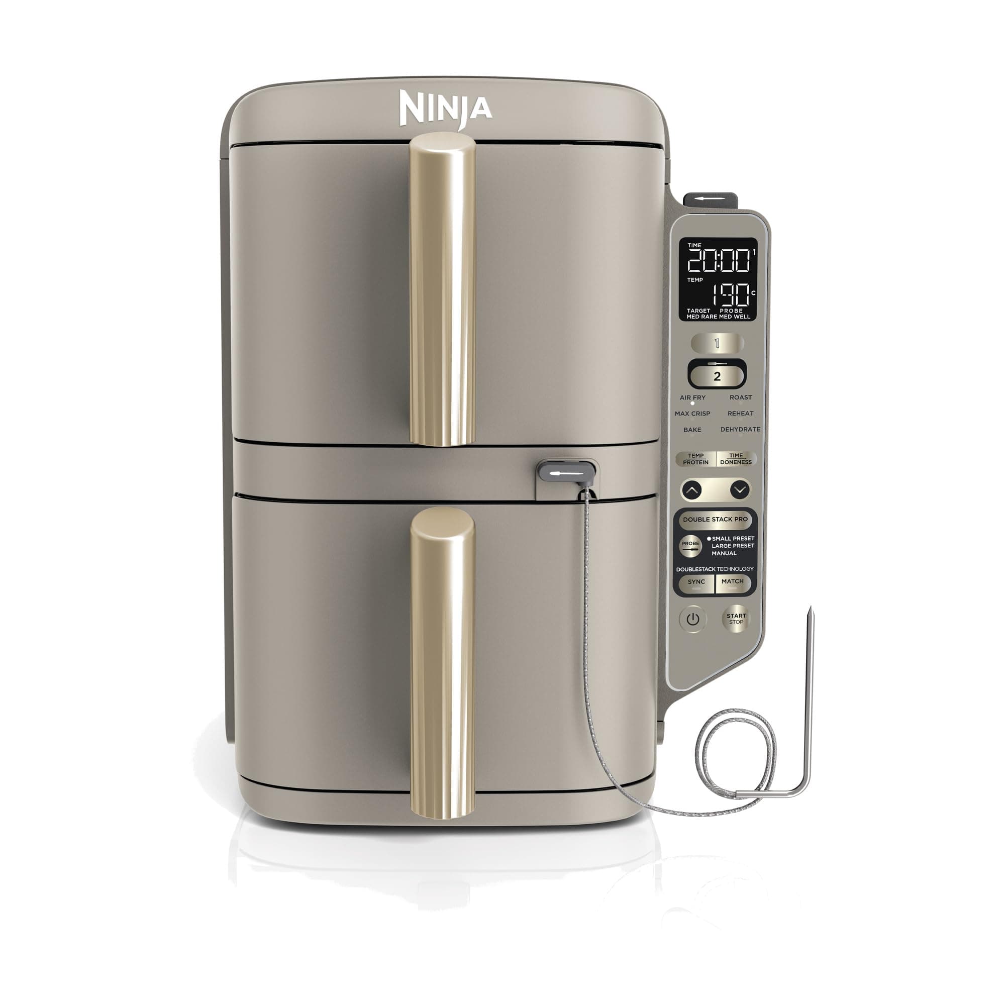 Ninja Double Stack XL-Heißluftfritteuse, 6 Funktionen, Steingold SL451EUSD | mit digitalem Bratenthermometer und 2 vertikalen Schubladen, 4 Ebenen, und 2 Rosten, 9,5 l Fassungsvermögen, 8 Portionen