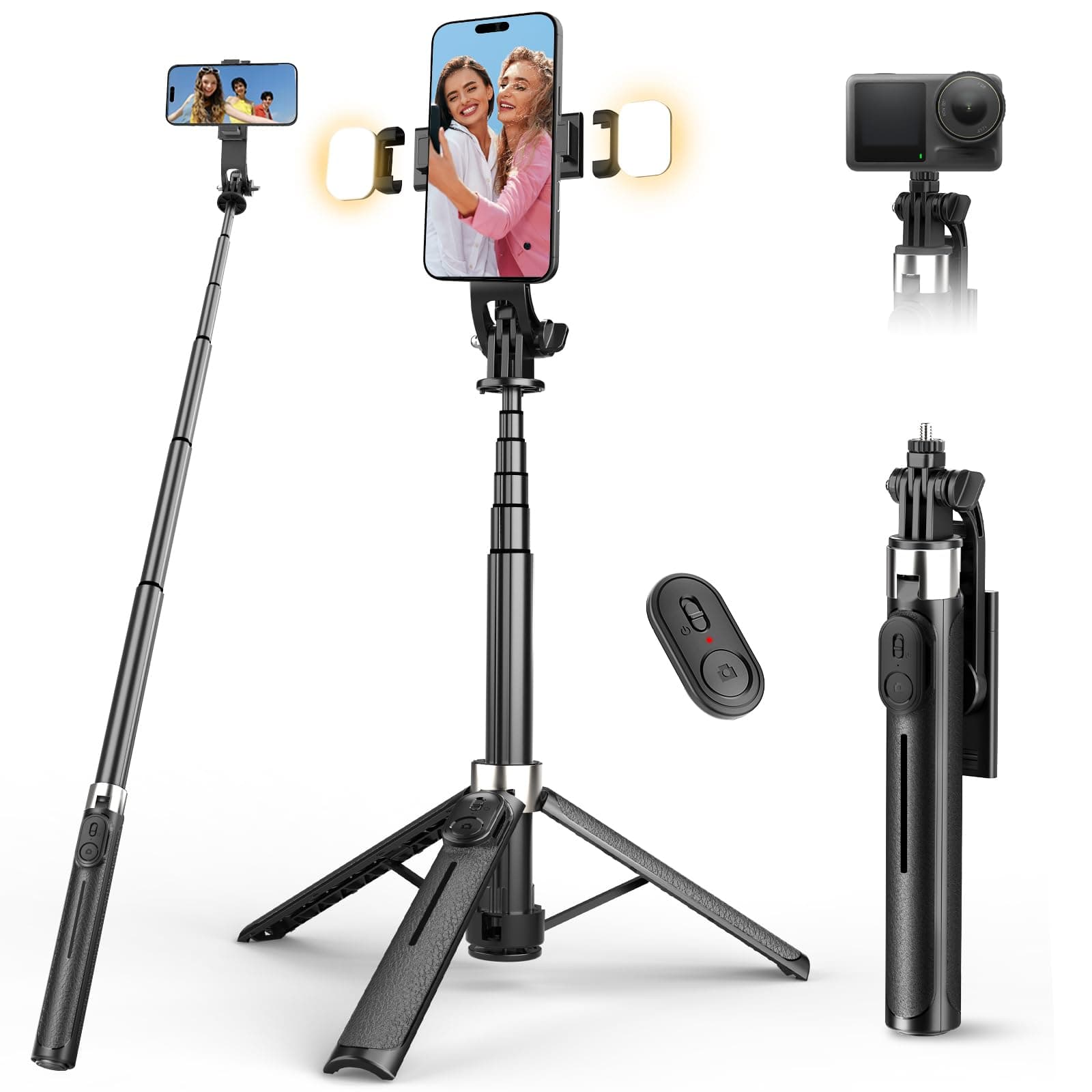 RISEOFLE 110cm Perche à Selfie avec Trépied et Lumière, Trepied Smartphone avec Télécommande, Trépied Téléphone Portable Télescopique - Compatible iPhone, Samsung, Android, Caméra