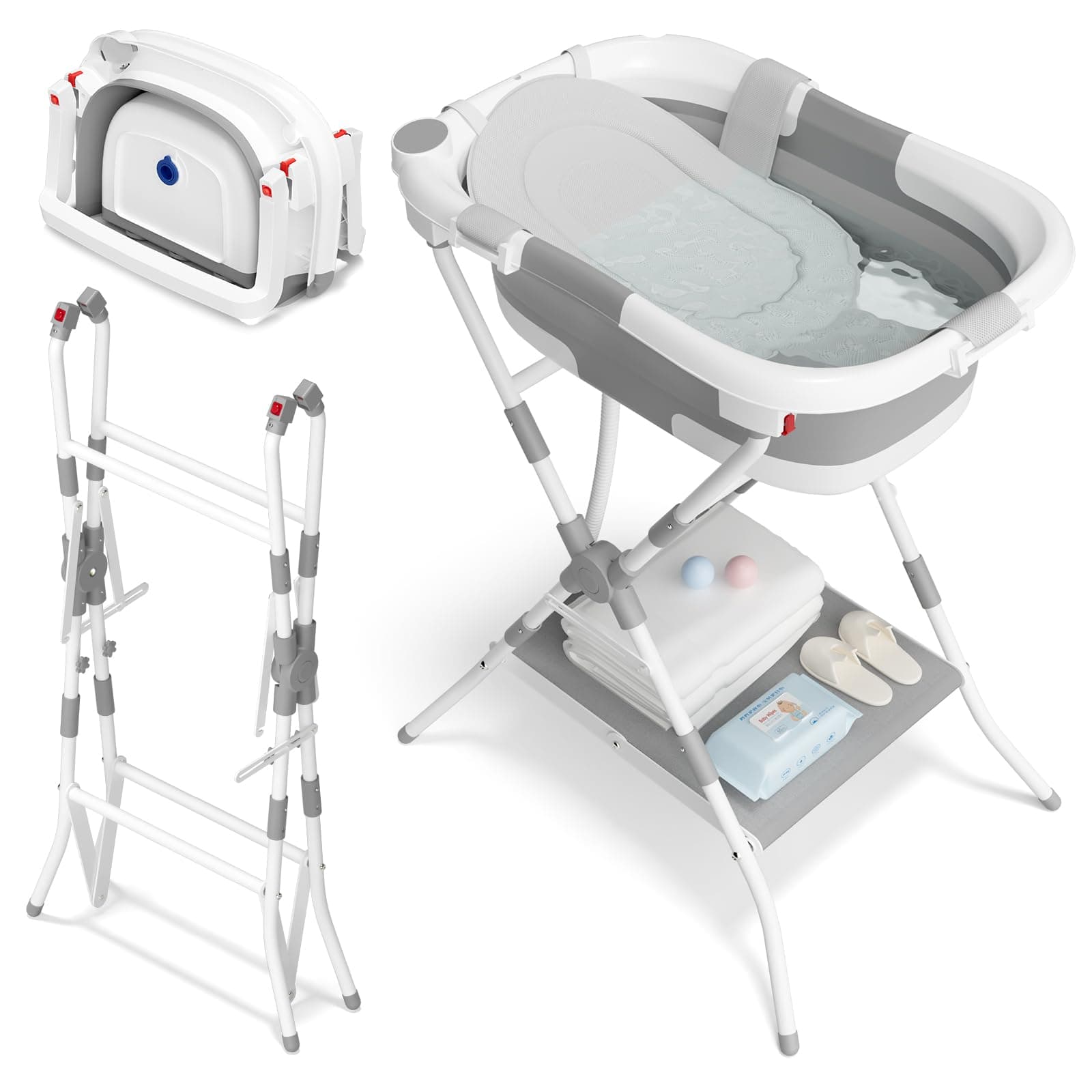 Bañera plegable 2 en 1 con soporte, bañera para bebé con red de soporte de baño, adecuada para recién nacidos y niños pequeños, diseño plegable y multiusos para almacenamiento, ideal para viajes y