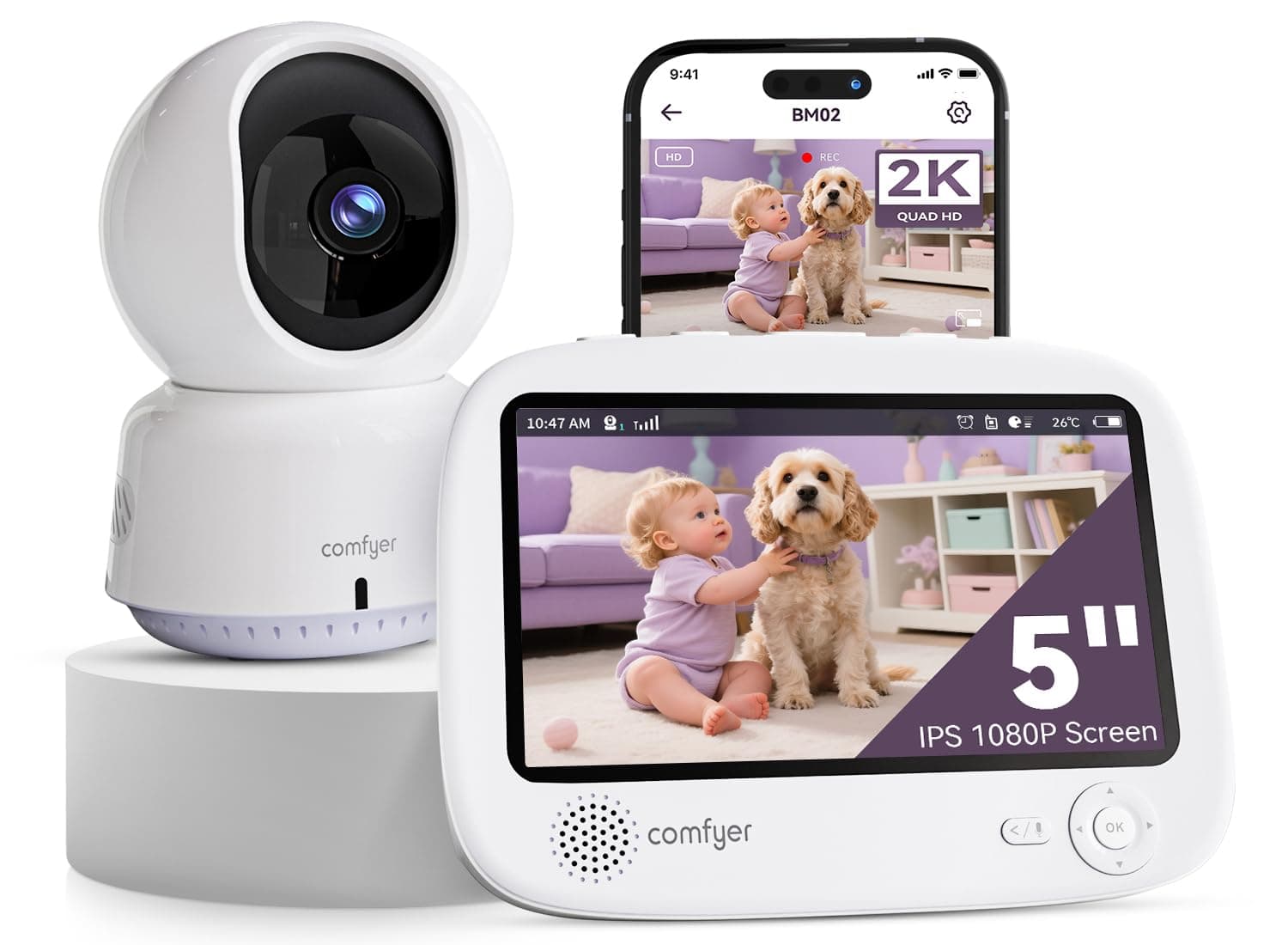 Comfyer Hybrid Baby Monitor Video e Audio WiFi e Smart WiFi - Schermo 5" 1080P Splittabile, Camera 2K App, Allarmi Movimento/Suono, Visione Notturna HD, Batteria 5050mAh, Sicurezza Tripla, 500M