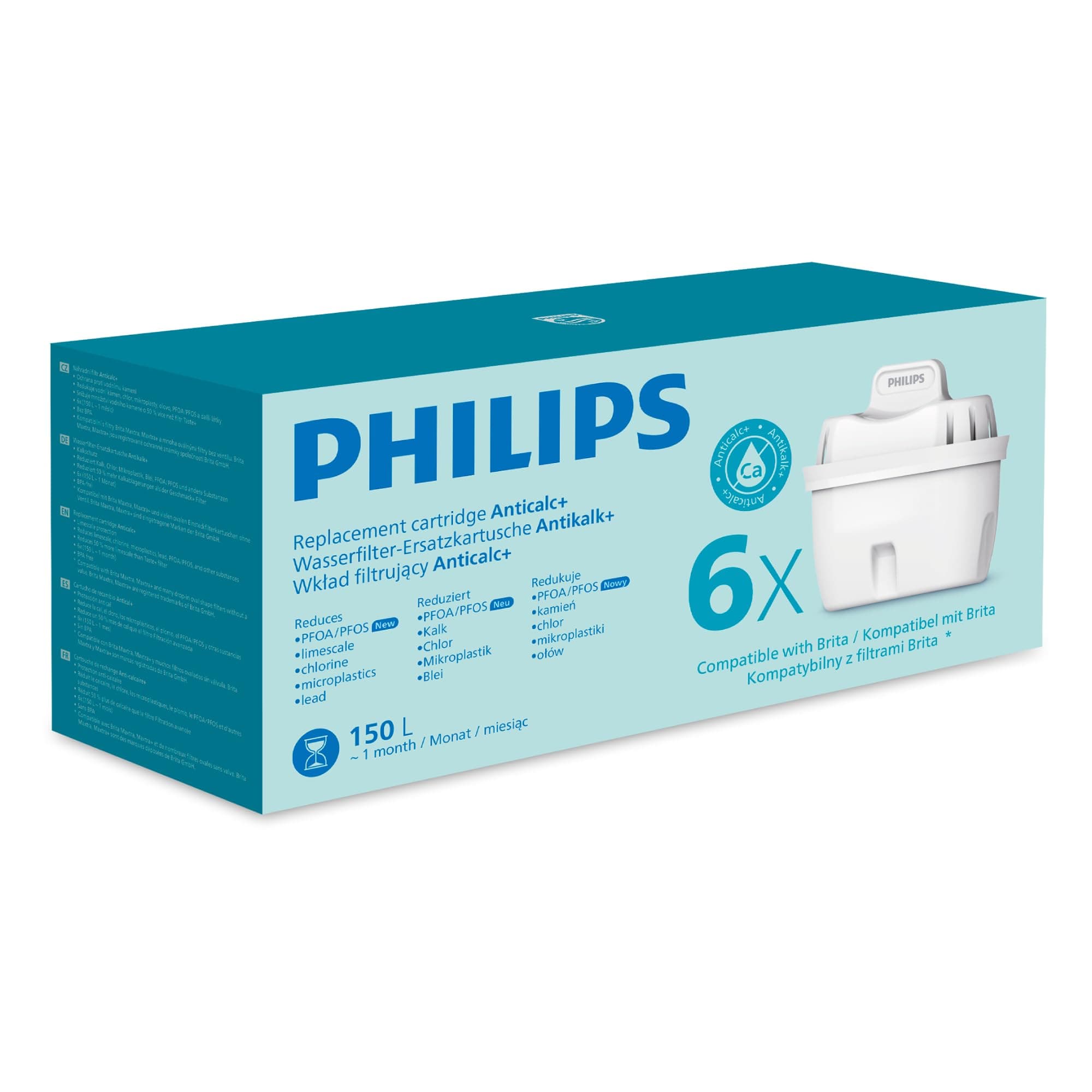Philips Water Wasserfilter-Kartusche Antikalk+, 6er-Pack, BIS ZU 50 % WASSERHÄRTE REDUZIERUNG, Verpackung kann variieren, Kompatibel mit brita*