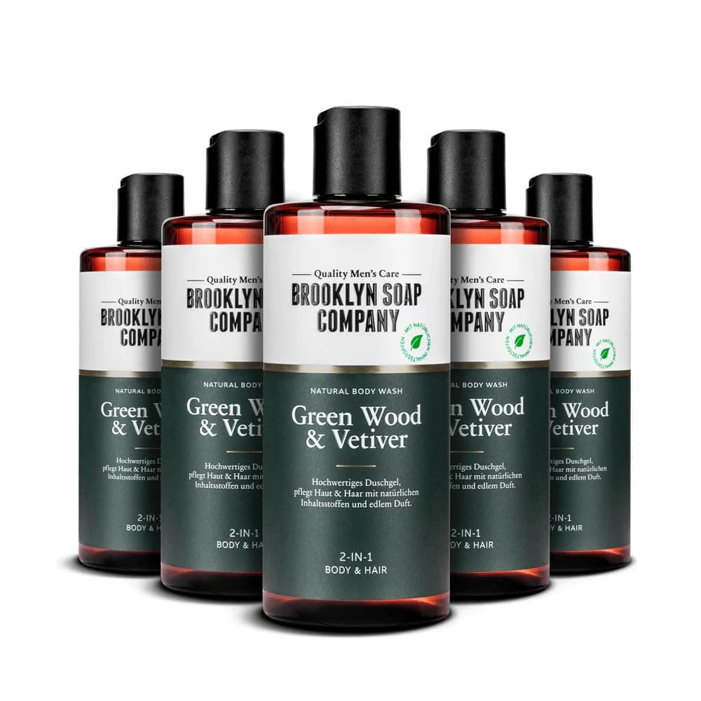 Brooklyn Soap Company Duschgel für Männer 5 x 300 ml - Green Wood & Vetiver Body Wash 5er Pack - 2-in-1 Duschgel für Haut und Haare - Shower Gel Vorteilspack für Herren