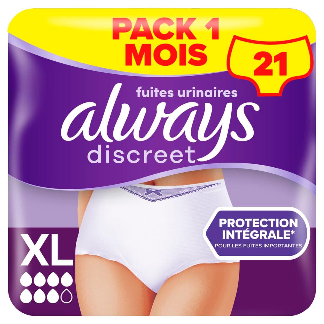 Always Discreet, Culottes Fuites Urinaires, Taille XL, Blanc, Absorption 7, 21 Sous-Vêtements Jetables Incontinence Femme, Fuites Urinaires Importantes ou Maternité post accouchement, Pack 1 Mois