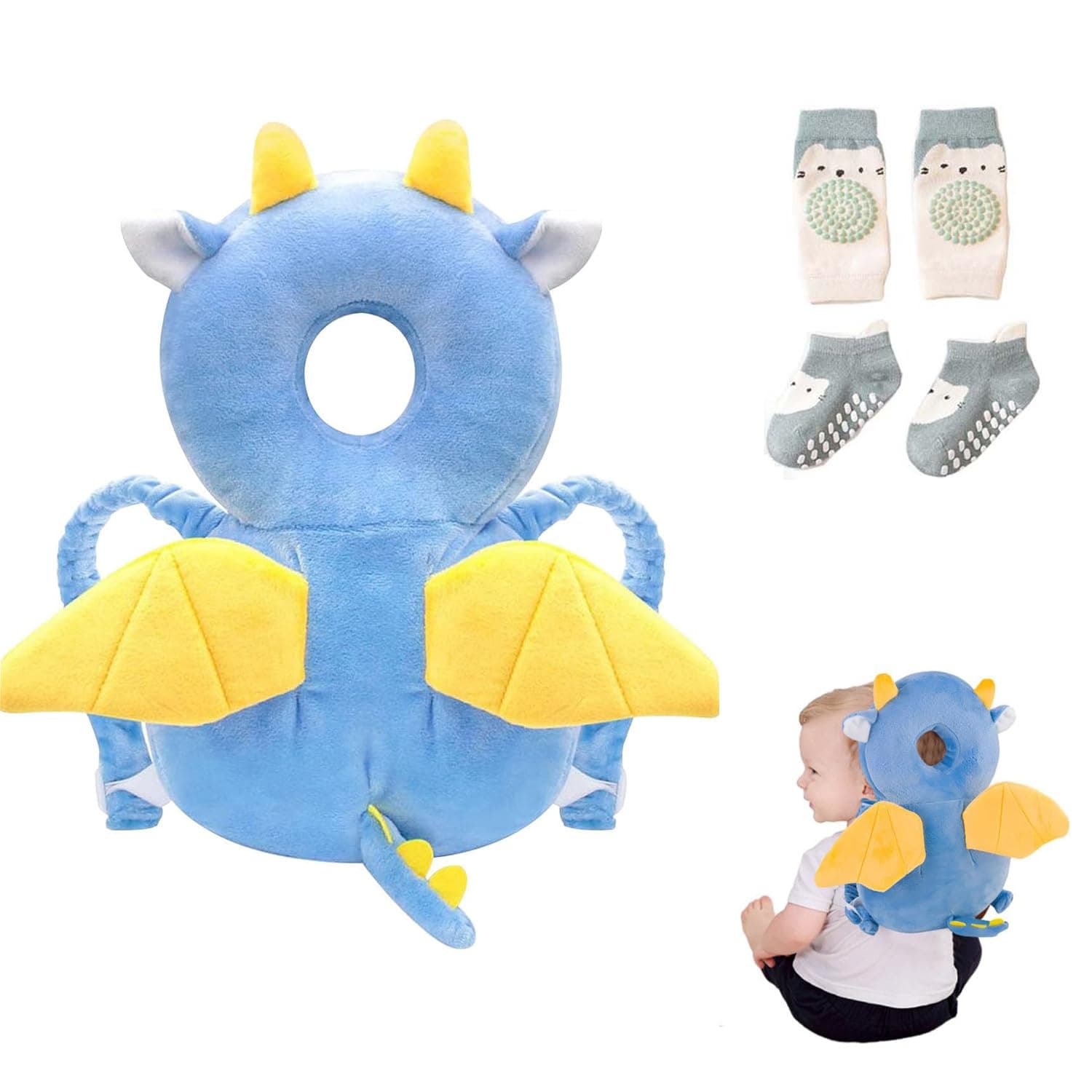 Bambebe Protezione Testa per Neonato Morbido Cuscino Anticaduta Bambino Proteggi Testa Bambini Regolabile Zaino Salva Testa Neonati Caschetto Primi Passi Zainetto Anticaduta Bambini(Drago)