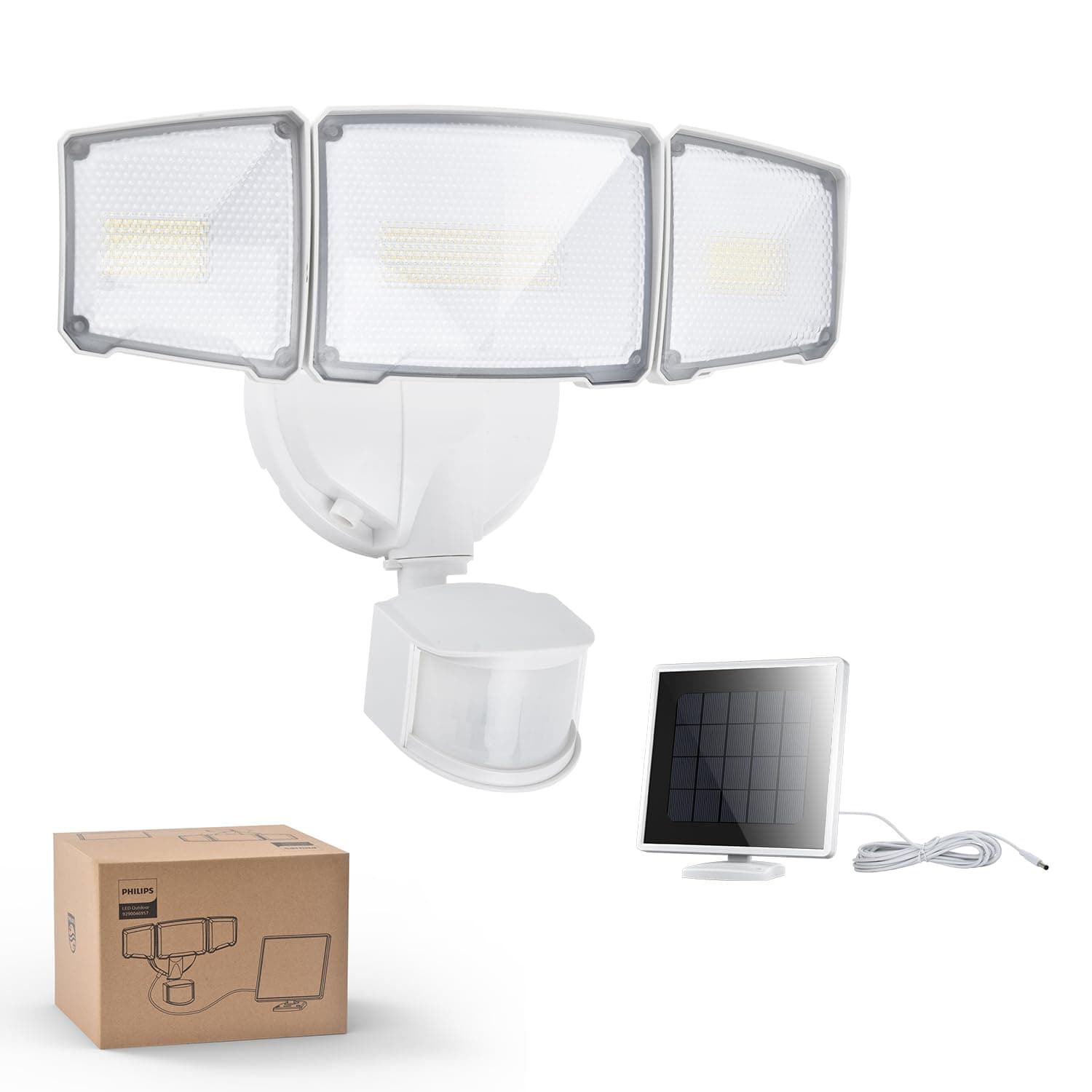 Philips Lampe de Sécurité Solaire 3600 LM avec Détecteur de Mouvement PIR, Éclairage Extérieur Étanche à Intensité Variable, Panneau Solaire Détachable avec Câble de 5m, 3 Modes