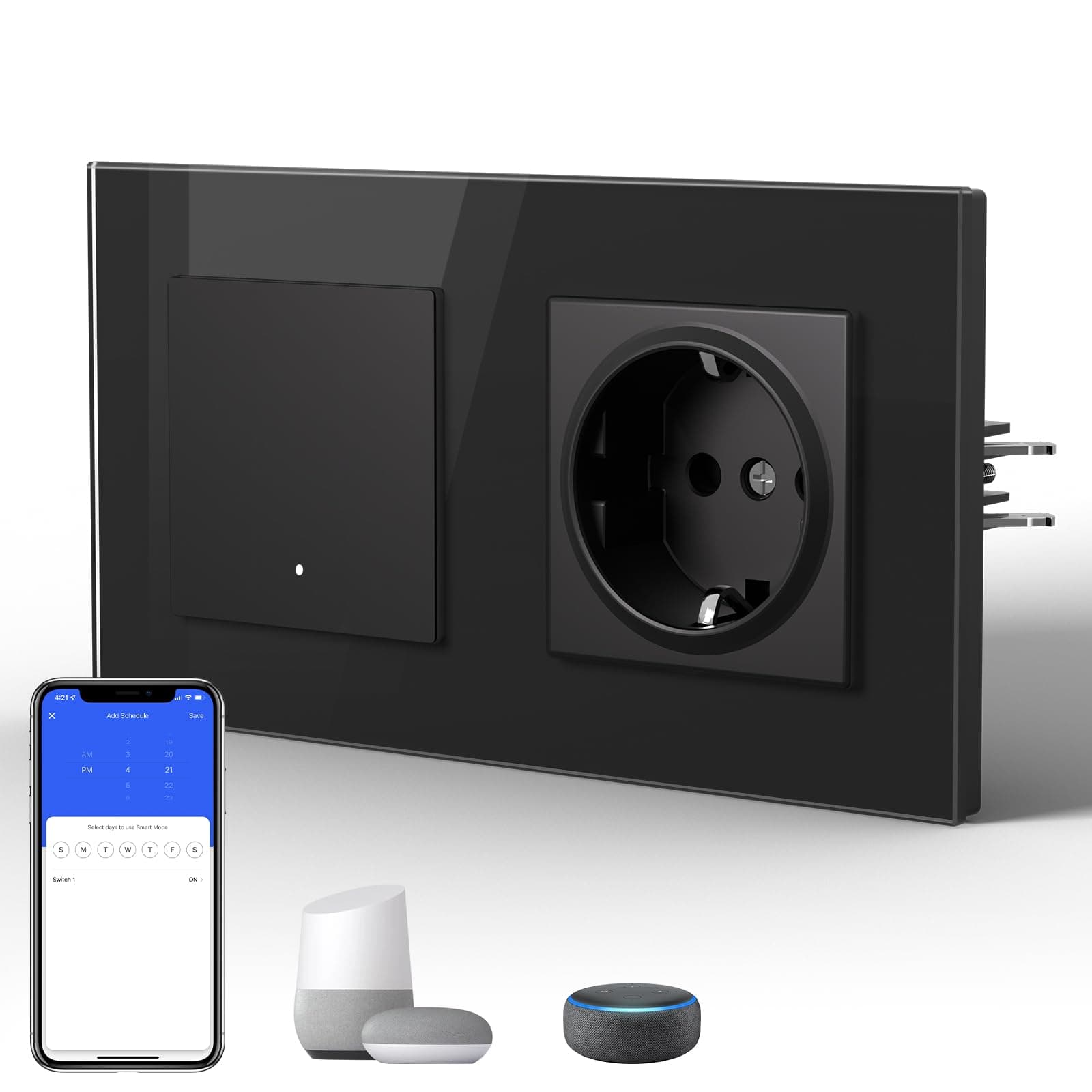 BSEED Steckdose mit Lichtschalter Unterputz 1 Fach 1 Weg WIFI Smart Lichtschalter (Neutralleiter Erforderlich), Compatibel mit Alexa/Google Home，157mm，Schwarz