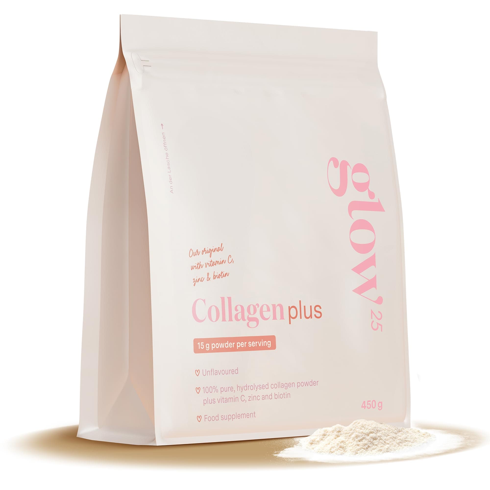 Glow25® Collagène Plus [450g] - Complément Alimentaire - avec Vitamine C, Zinc et Biotine - Hydrolysat de Collagène Premium - Peptides Type 1 et 3 - Haute Solubilité - Goût neutre - Collagen