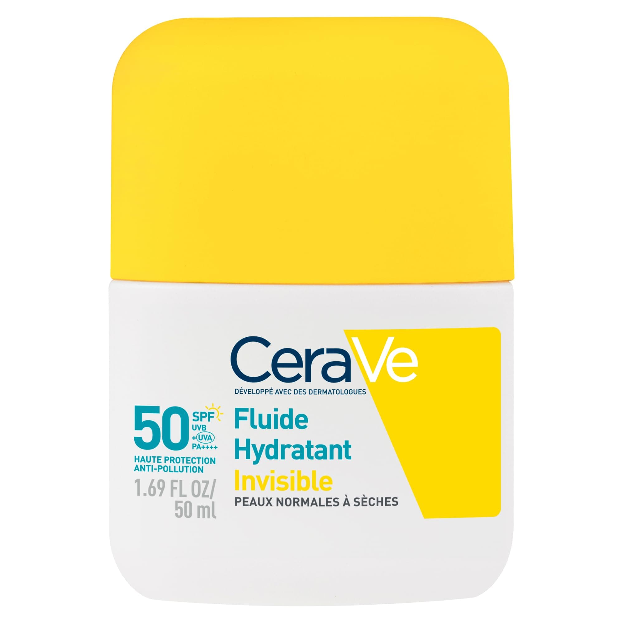 CeraVe, Fluide Hydratant Invisible SPF 50 Visage, Haute Protection Solaire Visage, Peaux Normales à Sèches, Hydratation 24H, Fini Invisible, Base de Maquillage, Glycérine & Vitamine E