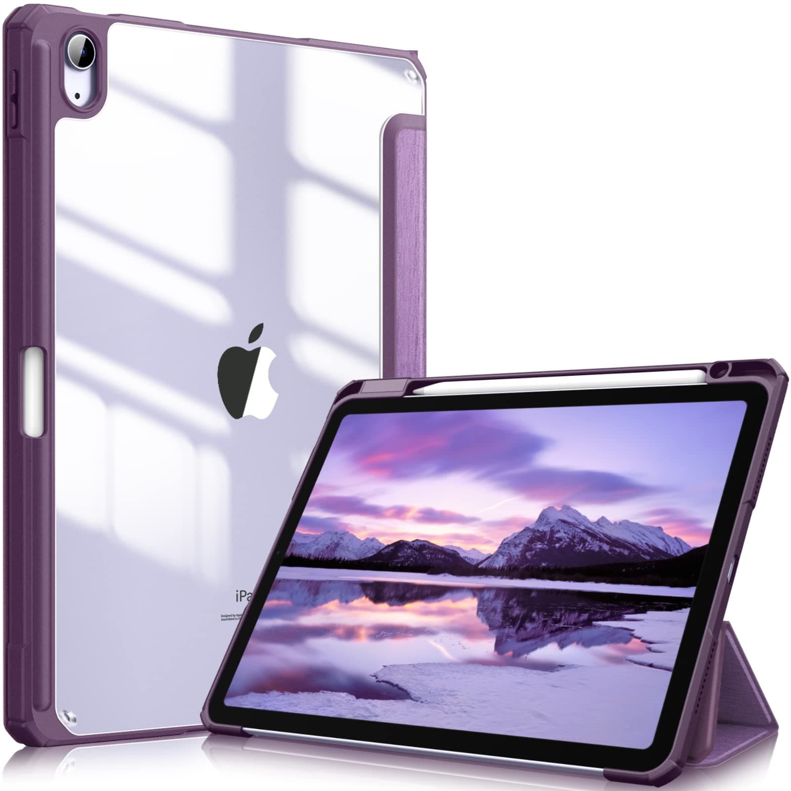 Fintie Hybrid Hülle für iPad Air 11 Zoll M4/M3/M2 (2026/2025/2024), iPad Air 5./4. Gen (2022/2020) 10,9 Zoll, mit Stifthalter, stoßfeste Schutzhülle mit transparenter Hartschale, Dunkellila