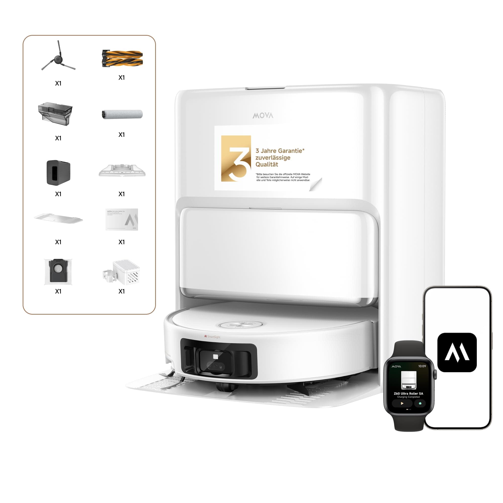 Mova Z60 Ultra Roller Standalone Saugroboter, 26.000 Pa Saugkraft, HydroForce-Wischen, MaxiReach-Techn., FlexScope-Radar mit Hebefunktion, AutoShield-Tech., dreifaches Anti-Tangle. All-in-One-Station