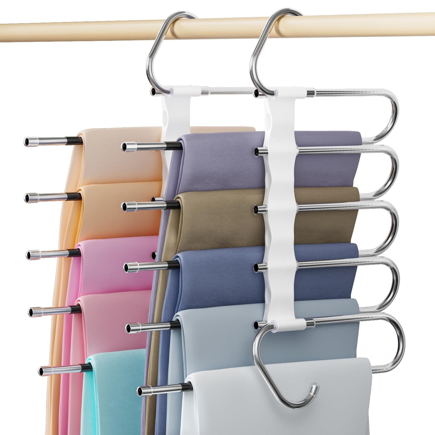 DAMITA Perchas Pantalones Percha Multiple Ahorra Espacio Antideslizantes Plegables 2 Piezas 5 en 1 Blanco De Acero Inoxidable Extensible para Pantalones Bufandas Vaqueros Ropa Perchero Vertikaler
