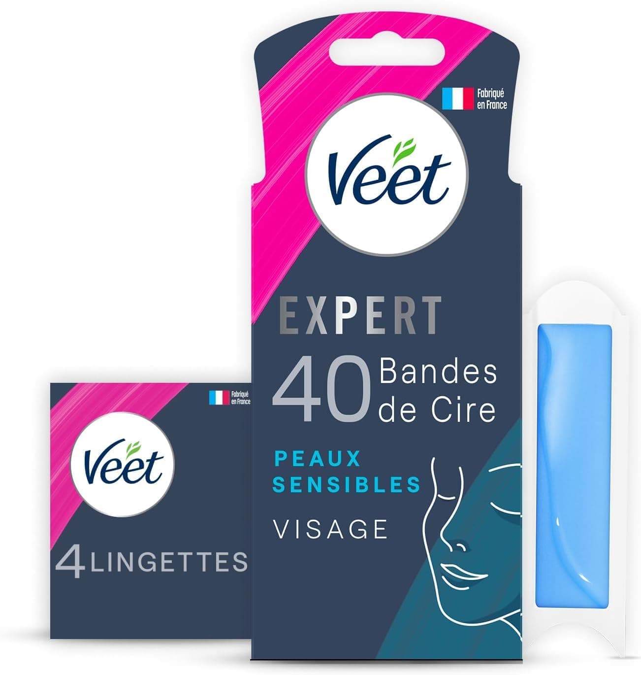 Veet EXPERT - 40 Bandes de Cire Froide Visage - Peaux Sensibles - Finition Parfaite - Epilation Longue Durée