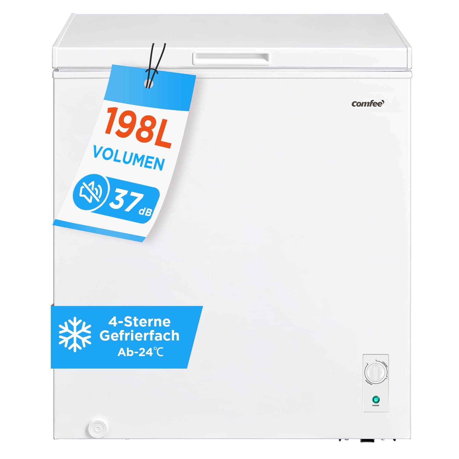 Comfee 198L Gefriertruhe, leise 37 dB, 4-Sterne-Gefrieren, Kühl-/Gefrier-Konvertierung (1–10°C / -24––12°C), 24‑h‑Schnellgefrierung 9kg, Energiesparender Inverter-Kompressor, Aluminium-Innenraum