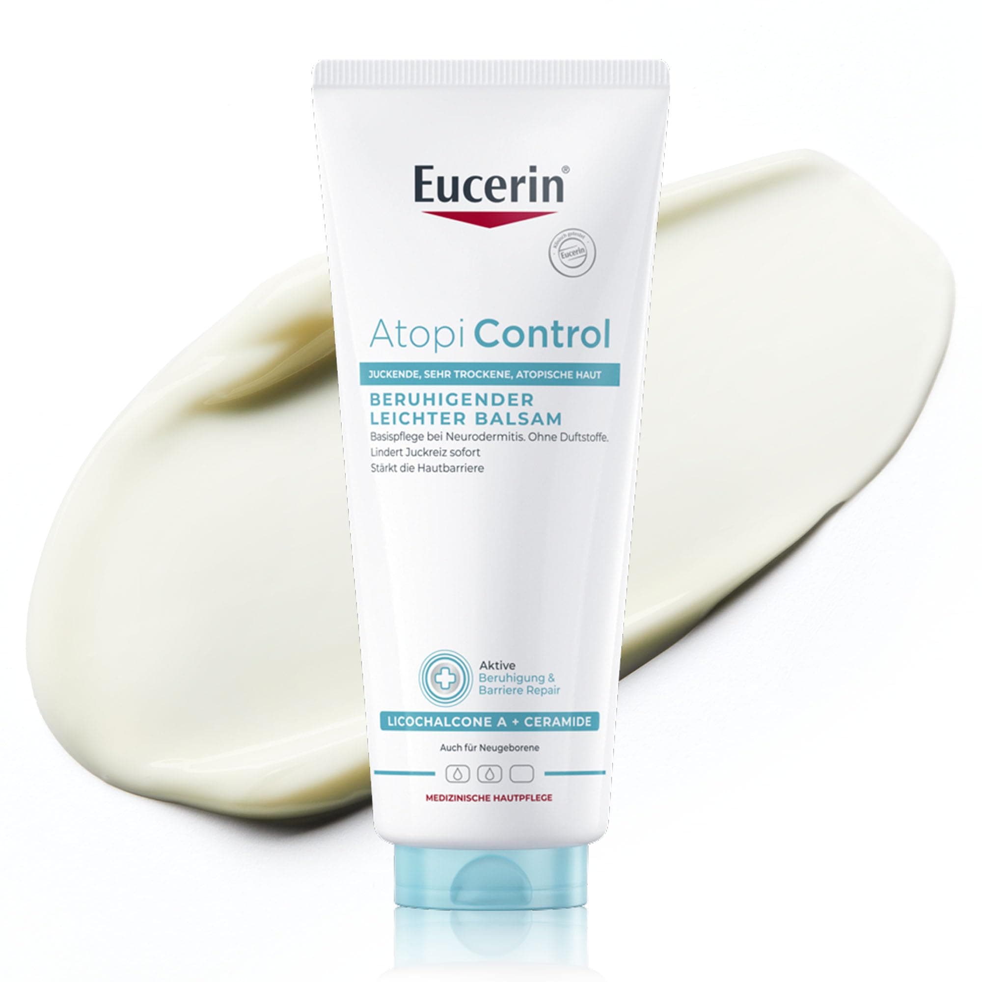 Eucerin AtopiControl Beruhigender Leichter Balsam 400 ml, Basis Hautpflege bei trockener und atopischer Haut, feuchtigkeitsspendende Körpercreme mit Ceramiden und Licochalcone A