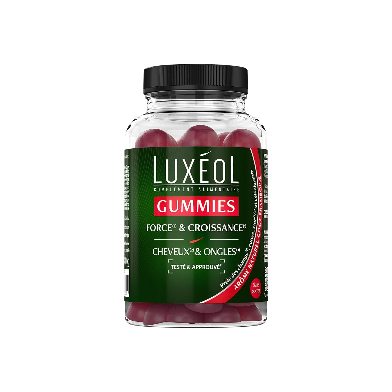 LUXÉOL - 60 Gummies Force & Croissance - Complément Alimentaire Cheveux & Ongles - Fortification - Arôme Naturel Framboise - Sans Sucres - Fabriqué En France - Programme 1 Mois