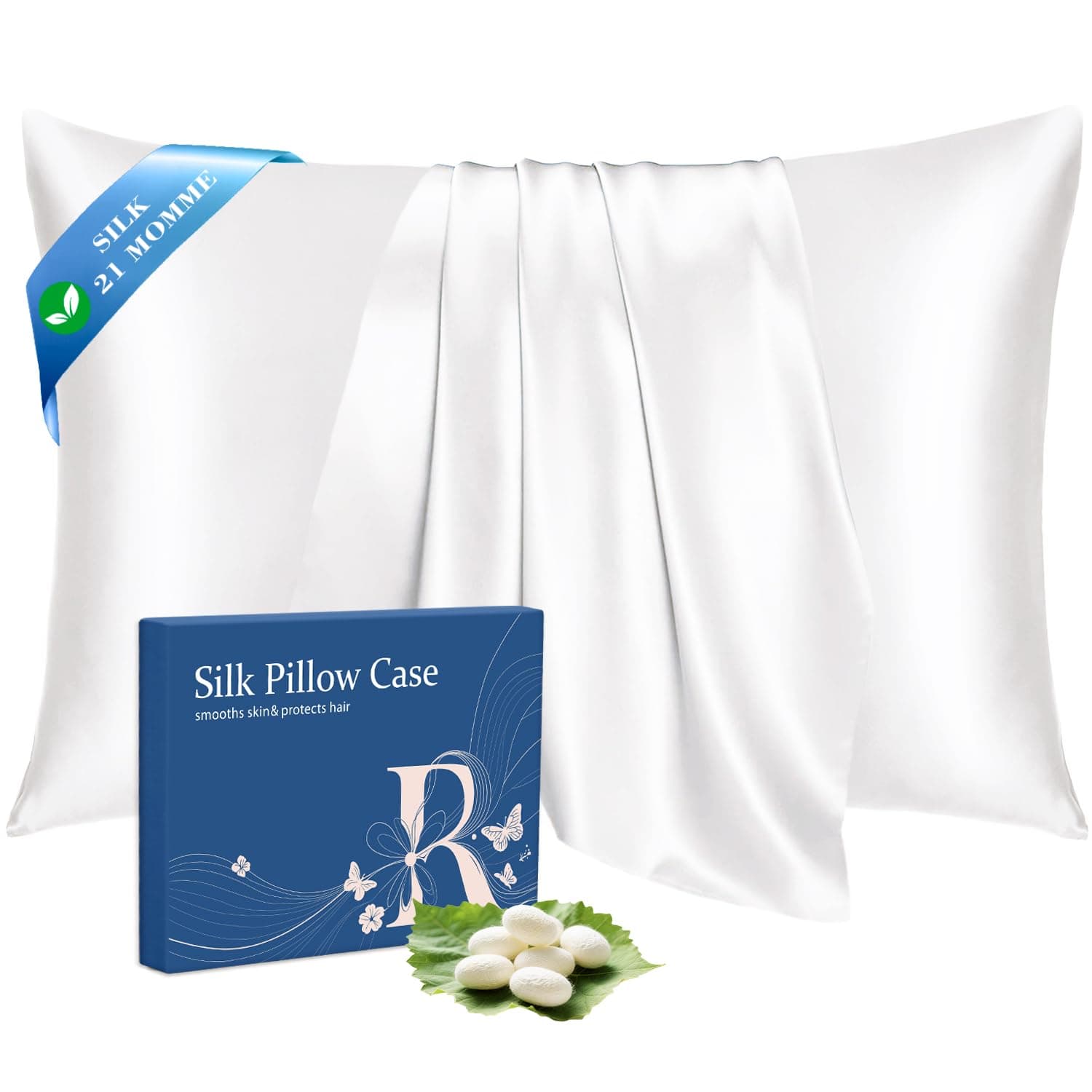 Ravmix Taie d'oreiller en Soie, 100% Soie Naturelle de mûrier 21 Momme Certifiée Oeko-TEX® Bienfaits Cheveux et Peau, avec Fermeture éclair cachée, 1 unité, 50x70 cm, Blanc Ivoire