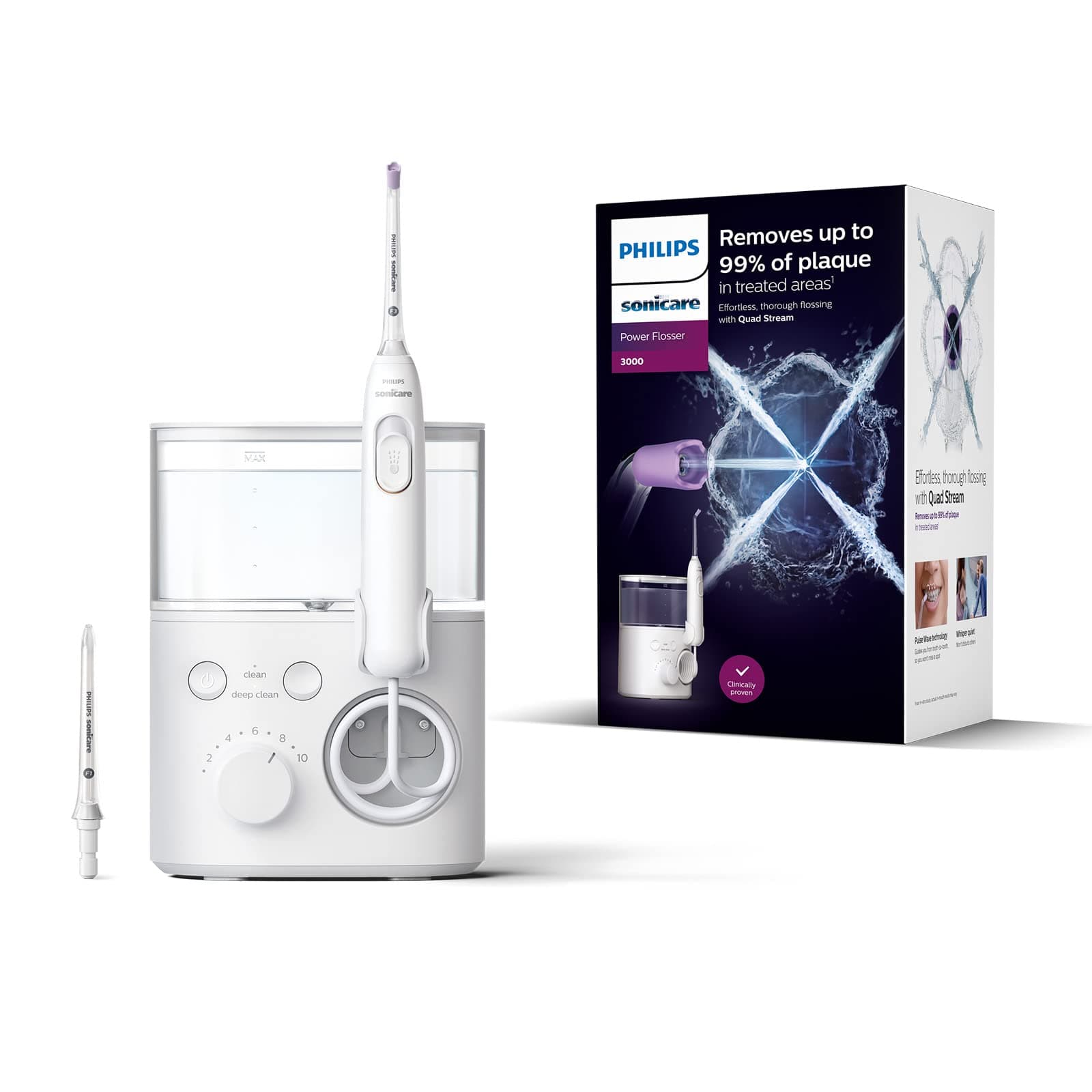 Philips Irrigador oral Sonicare Power Flosser 3000 con Tecnología Quad Stream Modelo HX3711/20,White,1 item,1.0 unidad, Blanco, con depósito