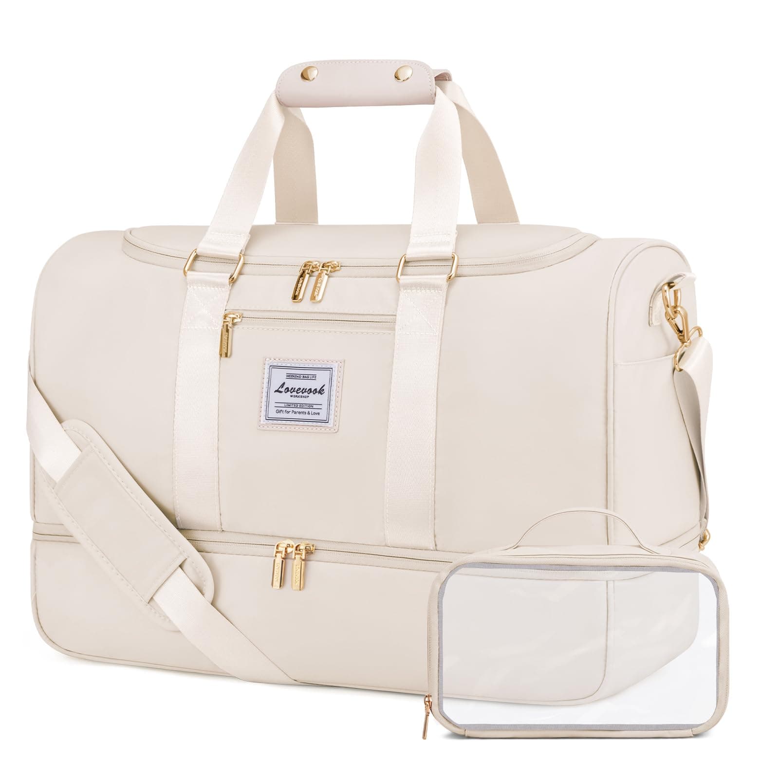 LOVEVOOK Sporttasche Reisetasche Groß, 50L Weekender Travel Duffle Bag mit Kulturtasche, Schuhfach & Nassfach, Wasserdicht Gym Bag Tennistasche, Handgepäck Tasche für Sport Reisen Flugzeug, Beige