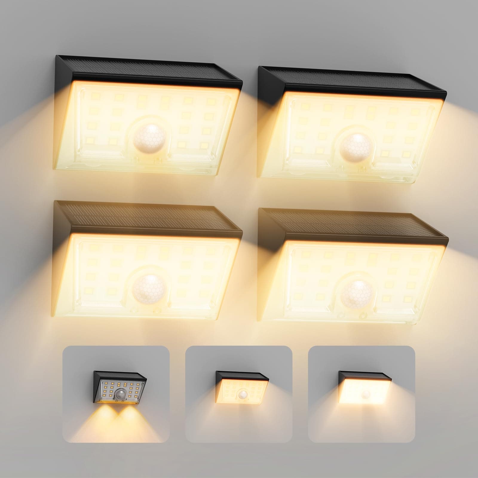 Smiling Shark WL-06 Luz Solar Exterior, 4 Piezas Focos LED Solares Con Sensor de Movimiento 4 Modos & 120° Iluminación IP65 Impermeable Lámpara de Pared Solar para Jardín Valla Patio, Blanco Cálido