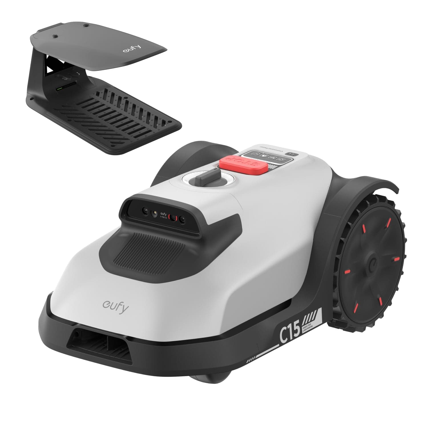 eufy C15 robot tondeuse avec garage, sans fil périphérique ni RTK, 500 m², installation 5 min, sans problème de signal, cartographie auto mains libres, multizone, détection des obstacles, Ride-On-Edge