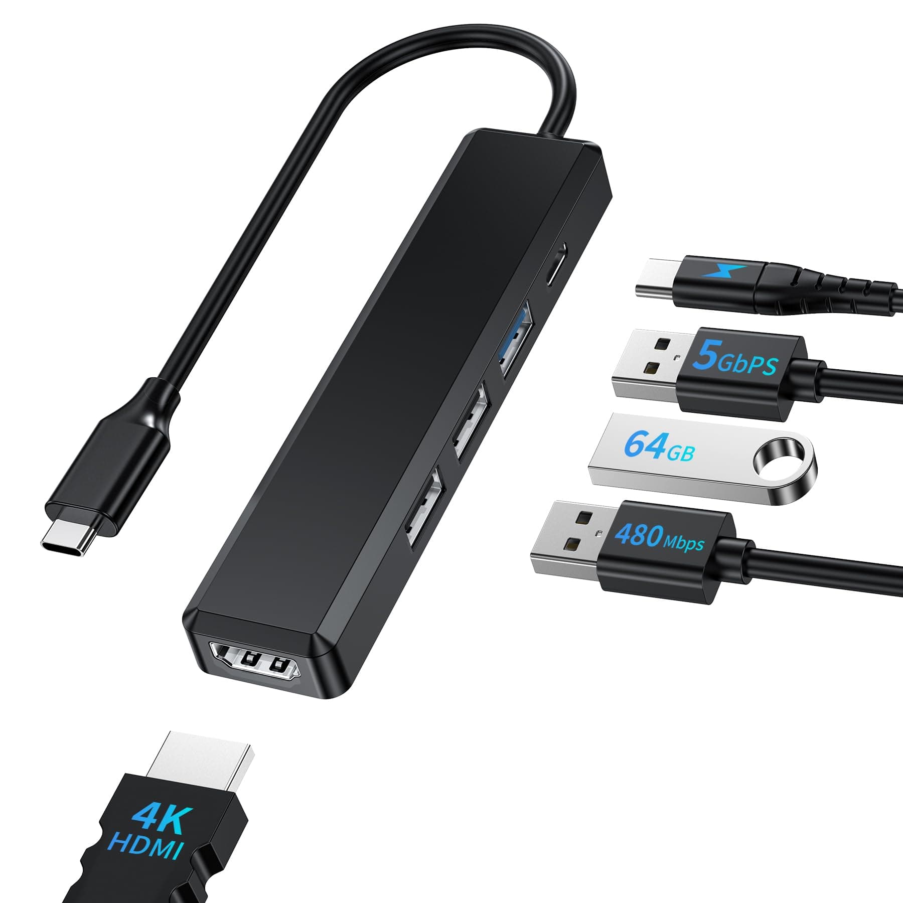 BHHB M80 Hub USB C HDMI 4K/ 100W PD Carga/USB 3.0 5Gbps/ 2*USB 2.0, Hub USBC 5 en 1 Multipuerto Adaptador Tipo C a HDMI Compatible con MacBook Pro/Air M4 M3 M2 M1, Mac, iMac, iPad, Laptop, Portátil