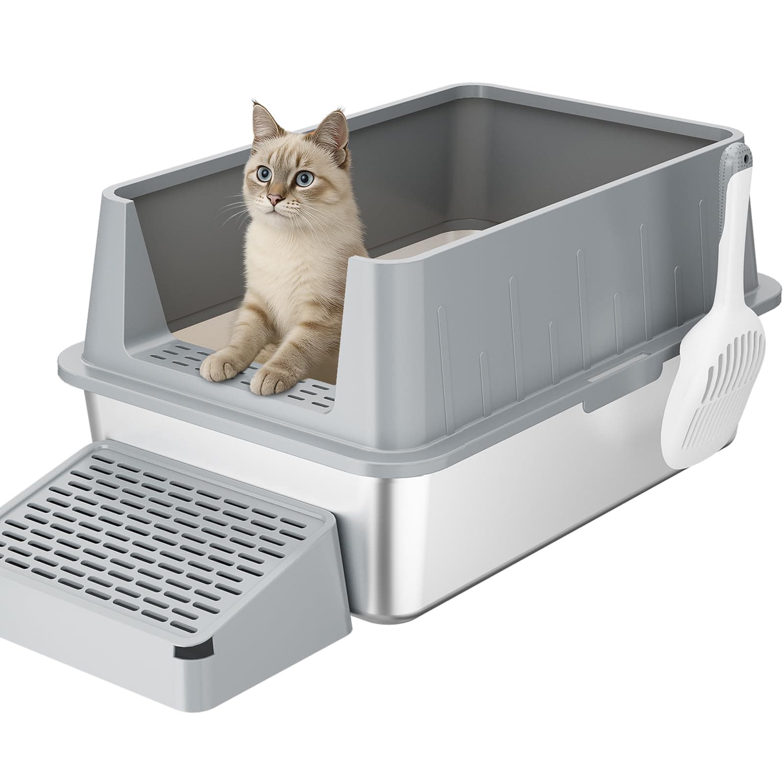 Lifewit 28L Katzenklo Edelstahl groß mit Schaufel und Pedal für große Katzen, Katzenklo Offen 60 x 40 x 30 cm, Katzentoilette XXL, Cat Litter Box ohne Deckel für Wohnzimmer Schlafzimmer, Grau