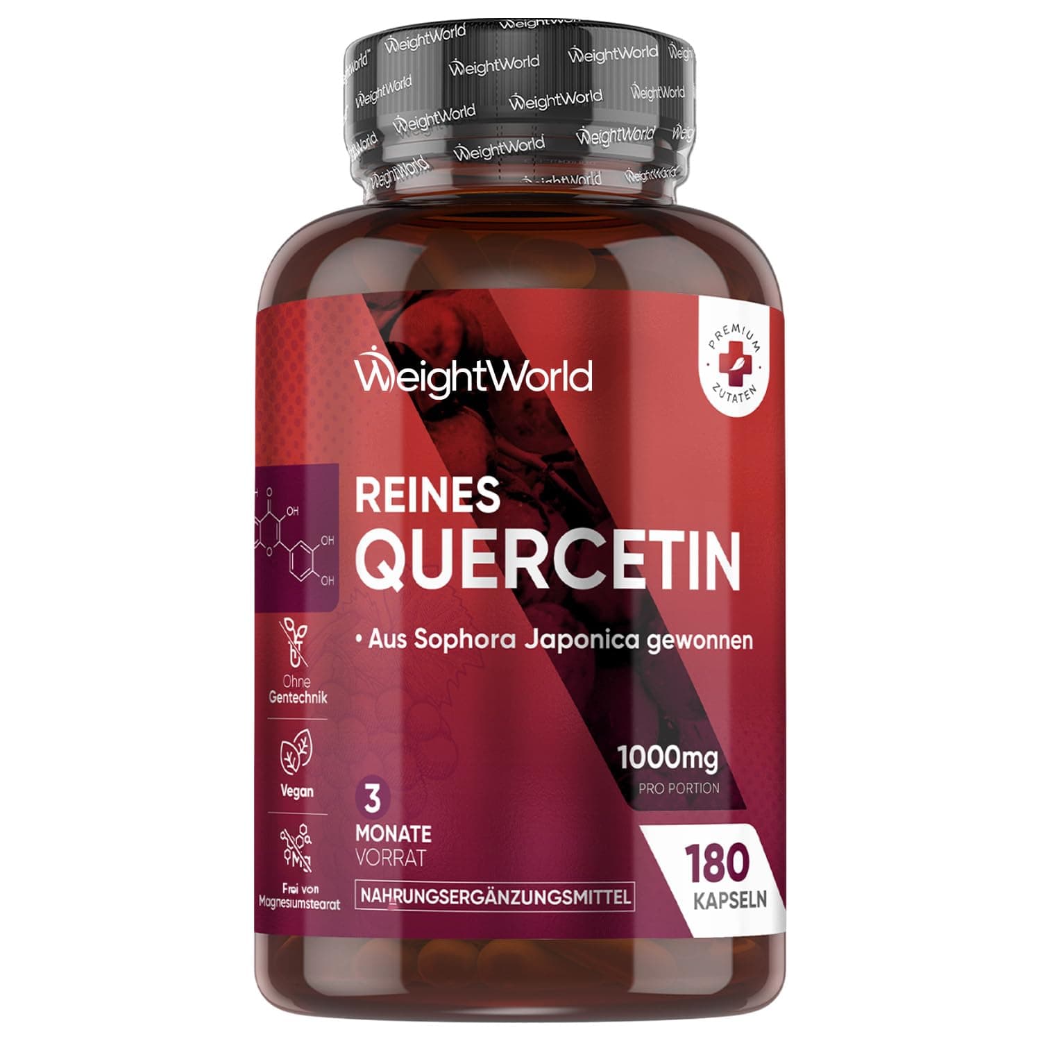 Reines Quercetin 1000mg pro Portion - 180 vegane Kapseln - 3 Monate Vorrat - Aus der Saphora Japonica - 2 Kapseln Täglich - Frei von Magnesiumstearat, Ohne Gentechnik & Gemäß GMP - WeightWorld