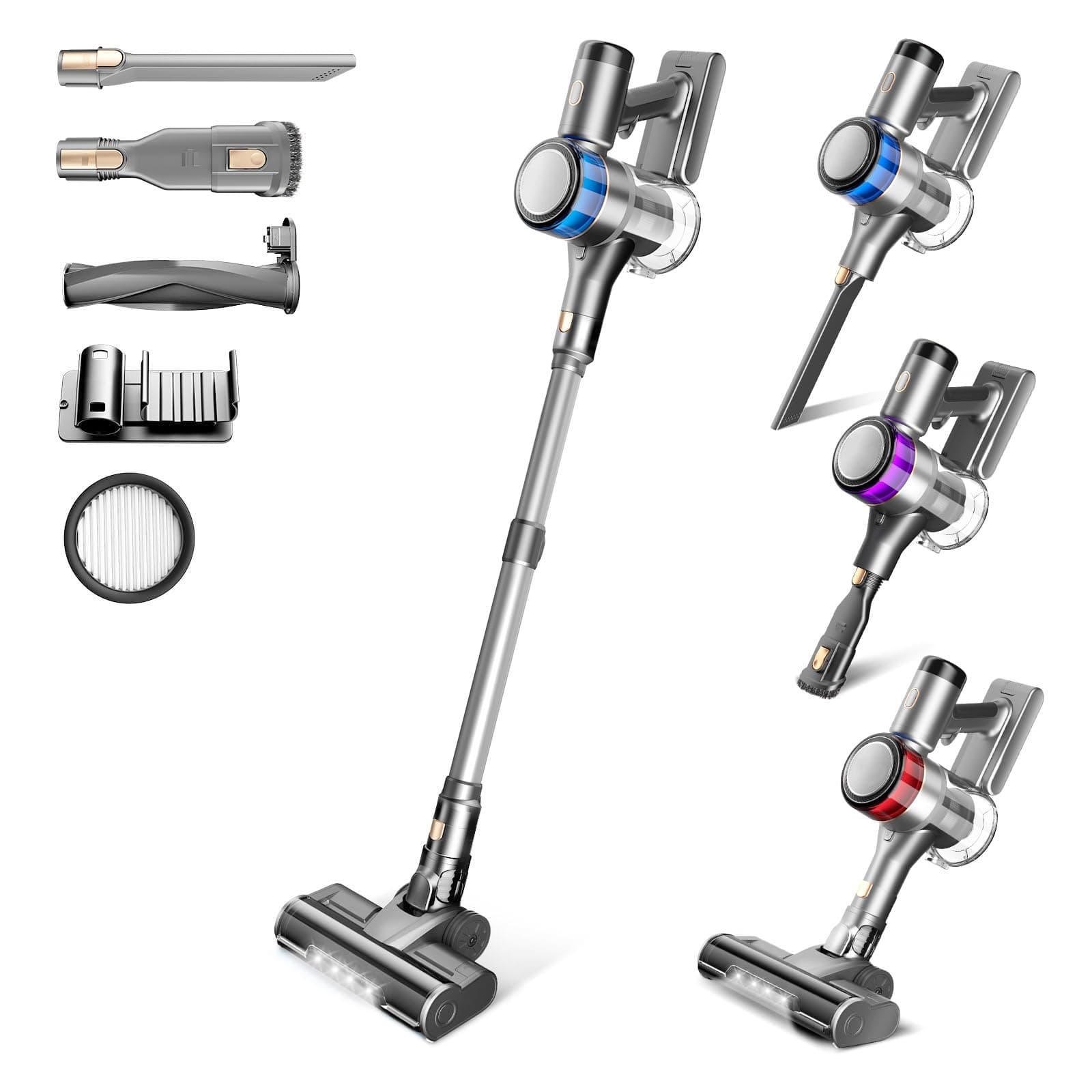 Aspirateur Balai sans Fil, 400W 45KPa Aspirateur sans Fil Puissant, 55Min Autonomie, Brosse Anti-emmêlement, Batterie Amovible, Aspirateur sans Sac avec LED Écran pour Tapis Poils d'animaux Sol Dur