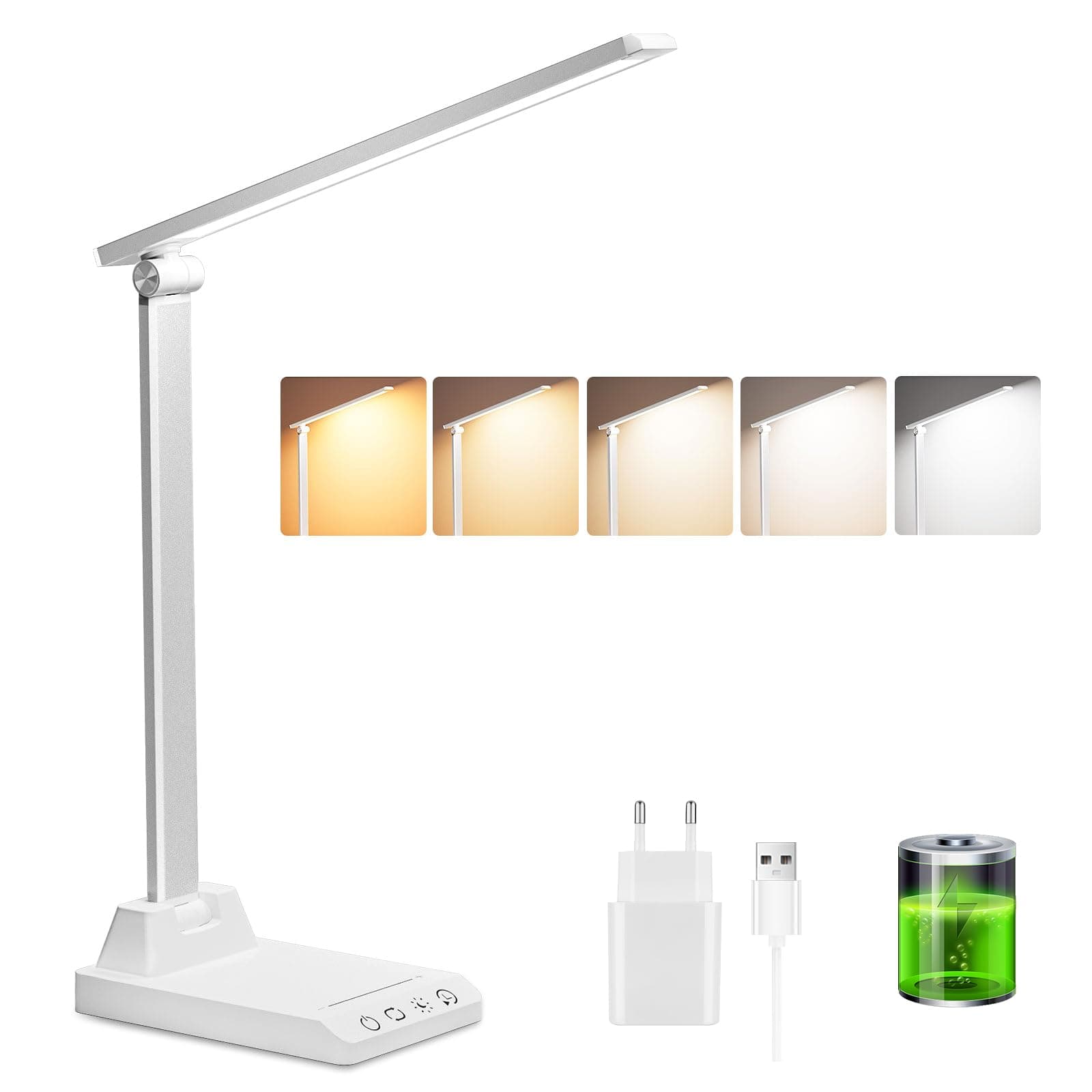Ylatoial Lampada da Tavolo,Lampada da Scrivania con 2500mAh Batteria,5 Modalità Colorex10 Livelli di Luminosità,USB Lampada Scrivania Senza Fili con Luce Notturna,Funzione Timer e Memoria,Bianco