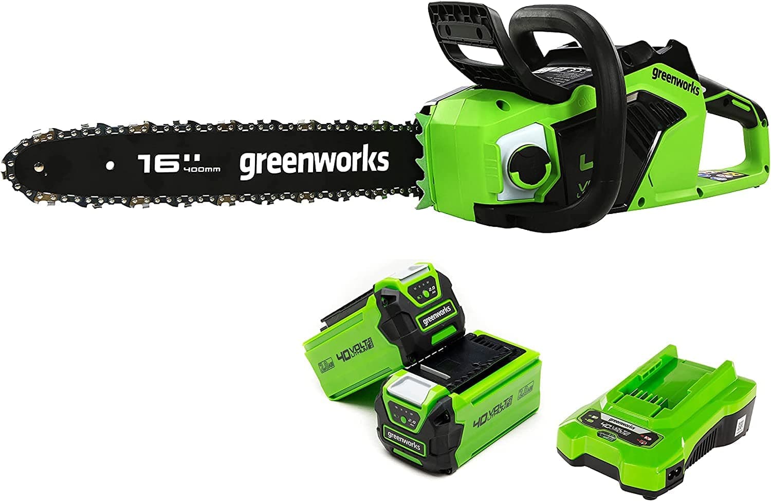 Greenworks GD40CS18K2X Motosega a Batteria con Motore Brushless, Lunghezza Barra 40cm, Velocità Catena 20m/s, 3,81kg, Auto-Lubrificante, Anti Contraccolpi, 2 Batterie da 40V 2Ah e Caricabatterie