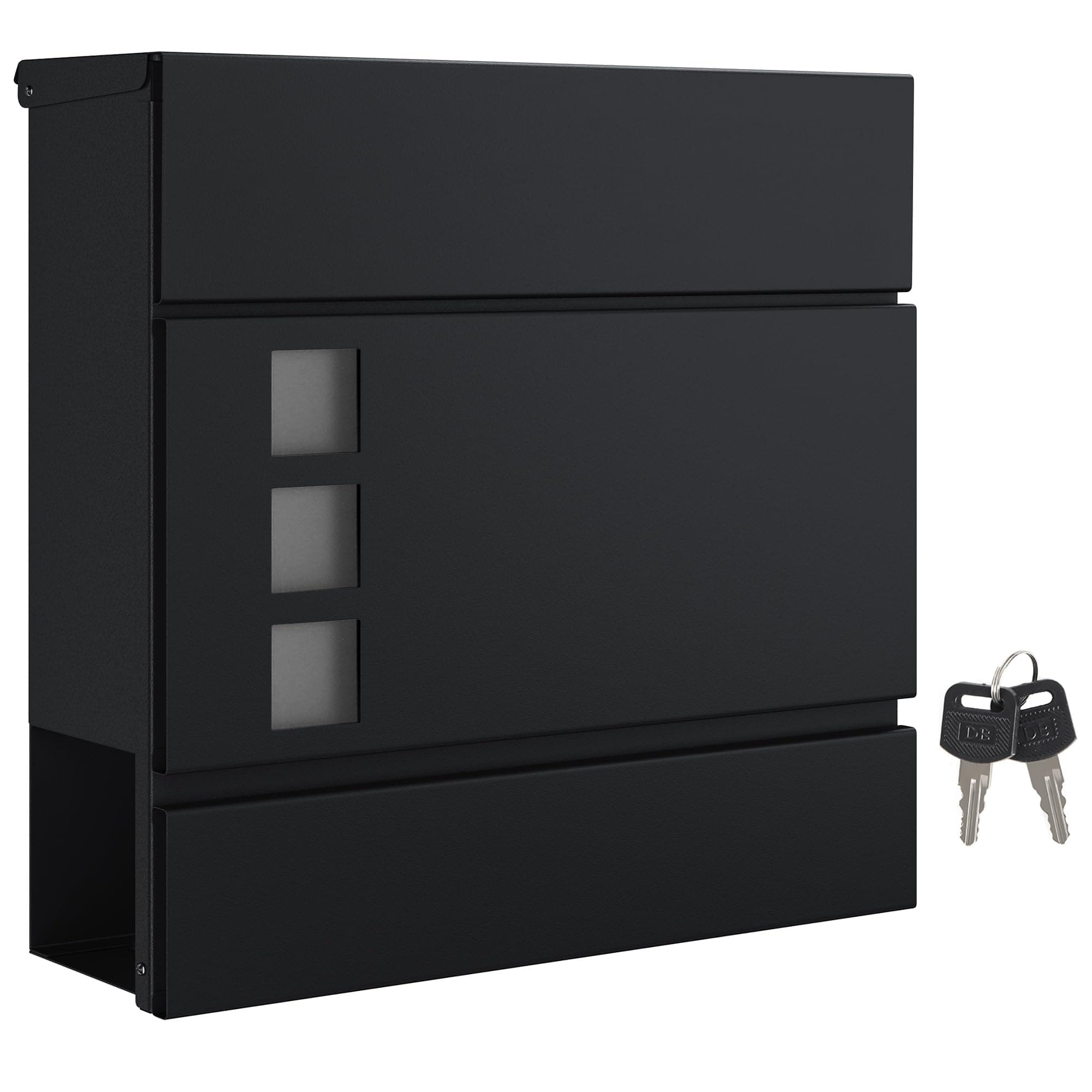 SONGMICS XXL Briefkasten, Postkasten mit Zeitungsfach, 10,5 x 37 x 37 cm, Aufkleber gegen unerwünschte Werbung, Sichtfenster, abschließbar, 2 Schlüssel, modern, einfache Montage, schwarz GMB052B01