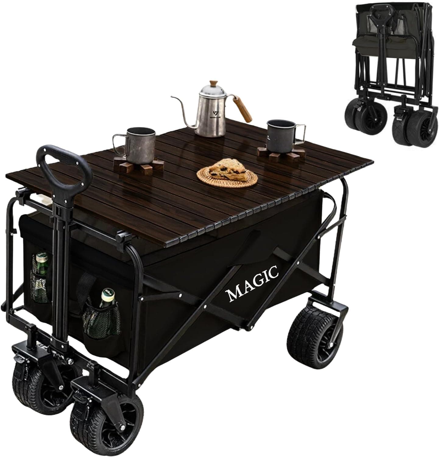 𝗖𝗮𝗿𝗿𝗼 𝗱𝗲 𝗣𝗹𝗮𝘆𝗮 Plegable para Camping, Picnic, etc. Carrito de Mano Convertible en Mesa para Jardín. Carreta de Transporte con Bolsa y Mango Ajustable. Carretilla con Ruedas con Freno.