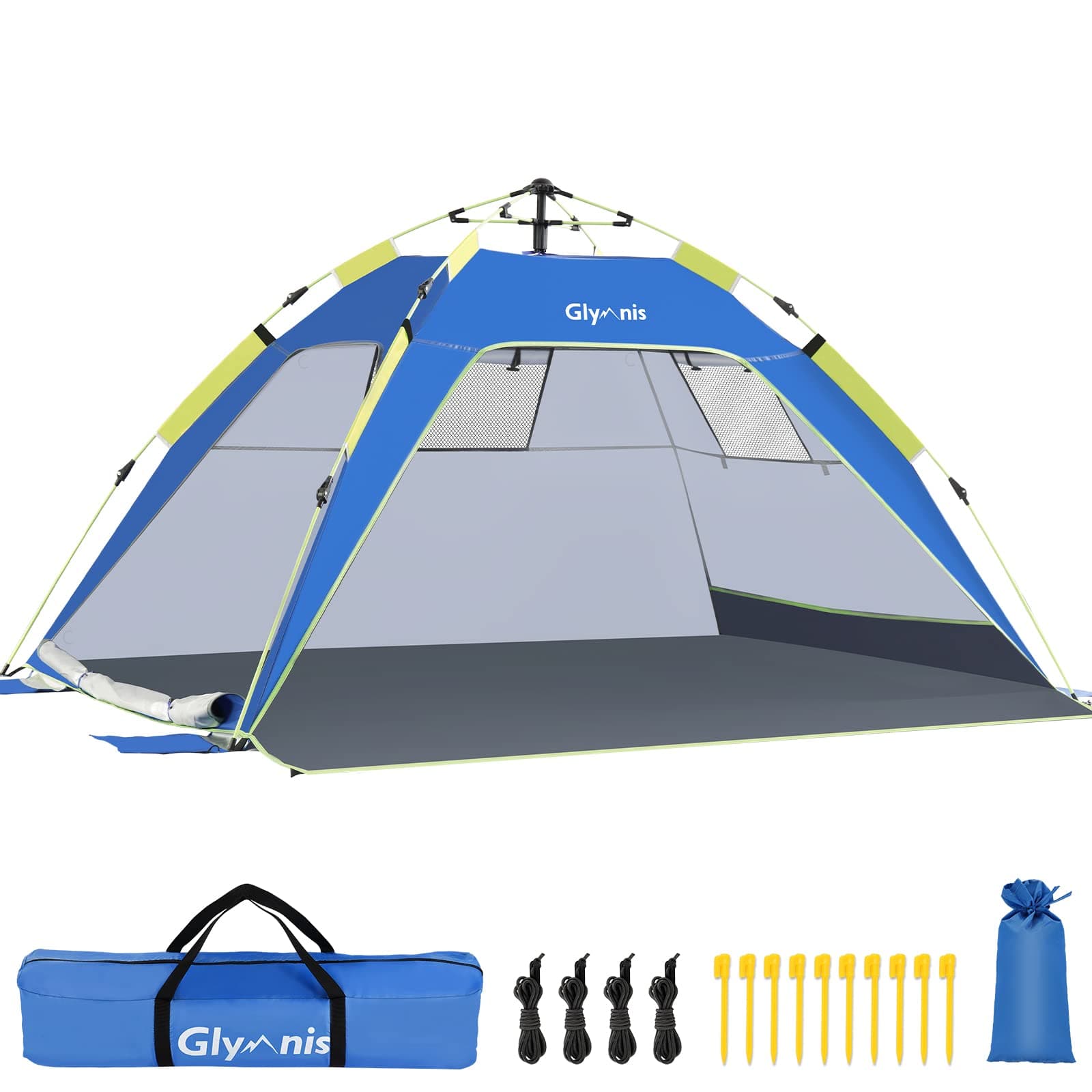 Glymnis Tenda da Spiaggia Quick-up Tenda Istantanea Portatile Protezione Solare UPF 50+ per 3-4 Persone, Dimensione di 215 x 150 x 115cm con 2 Finestre a Maglie e 2 Porte