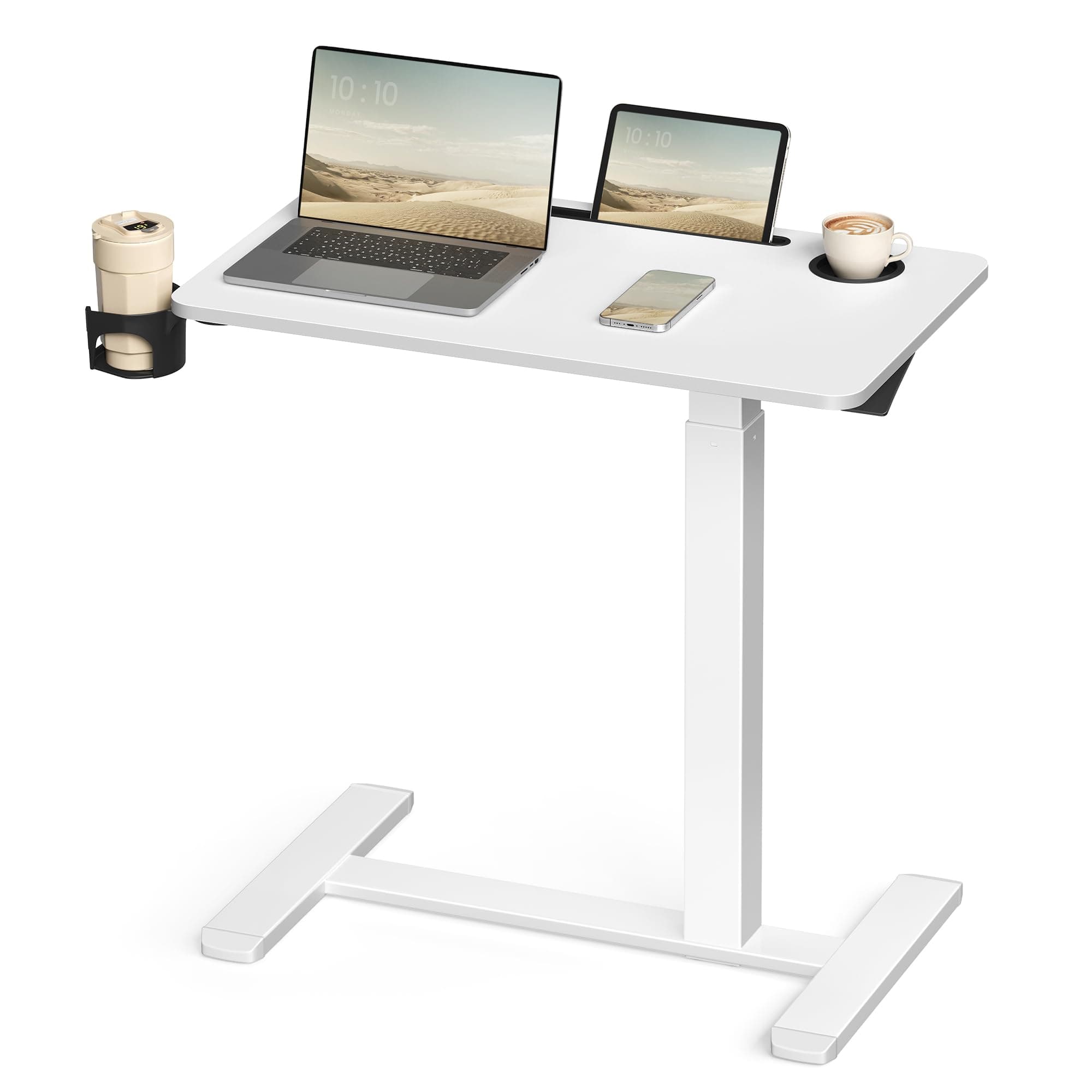 VASAGLE Escritorio con Ruedas, Mesa Auxiliar, Tablero de 70 x 40 cm, Altura Ajustable, 2 Portavasos, Ranura para Teléfono Móvil o Tableta, Blanco Nube LSD600W01