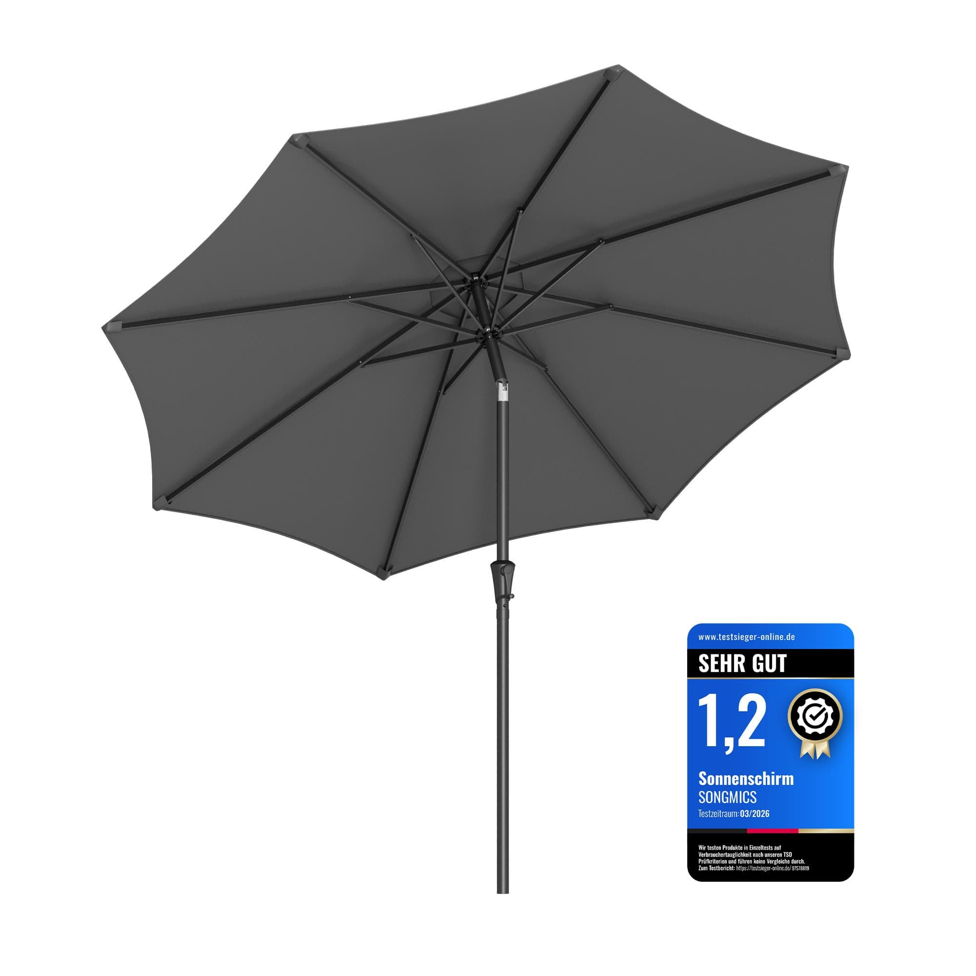 SONGMICS Gartenschirm Ø 300 cm, Marktschirm, UV-Schutz bis UPF 50+, Terrassenschirm klappbar mit Kurbel, ohne Ständer, Garten, Balkon, Terrasse, grau GPU30GYV1
