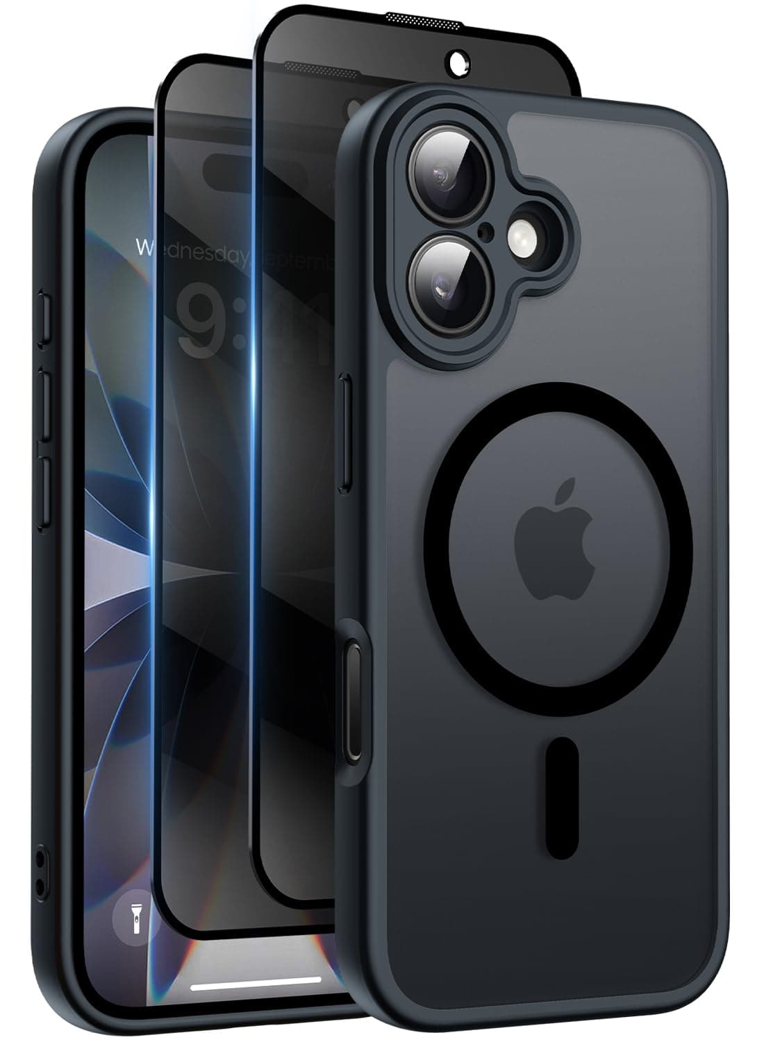 Helssitot Coque Magnétique pour iPhone 17 avec 2 Verre Trempé Anti-Espion, Compatible avec MagSafe, Étui Mat Translucide Arrière Housse Antichoc Anti-Rayures pour iPhone 17, Noir