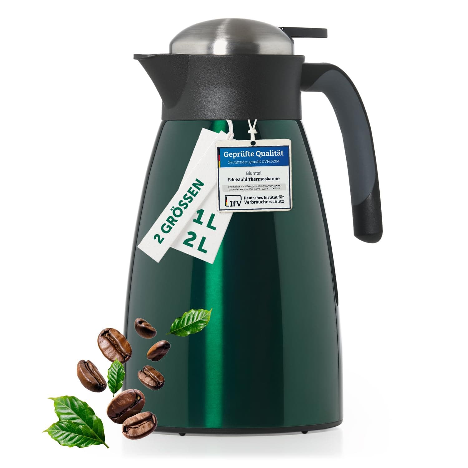 Blumtal Thermoskanne 2 Liter - BPA-freie Teekanne mit Quick Tip Verschluss - auslaufsichere Kaffeekanne Thermo für langanhaltende Isolation - Isolierkanne 2l - Thermoskanne 2l - Teekanne Thermo Grün