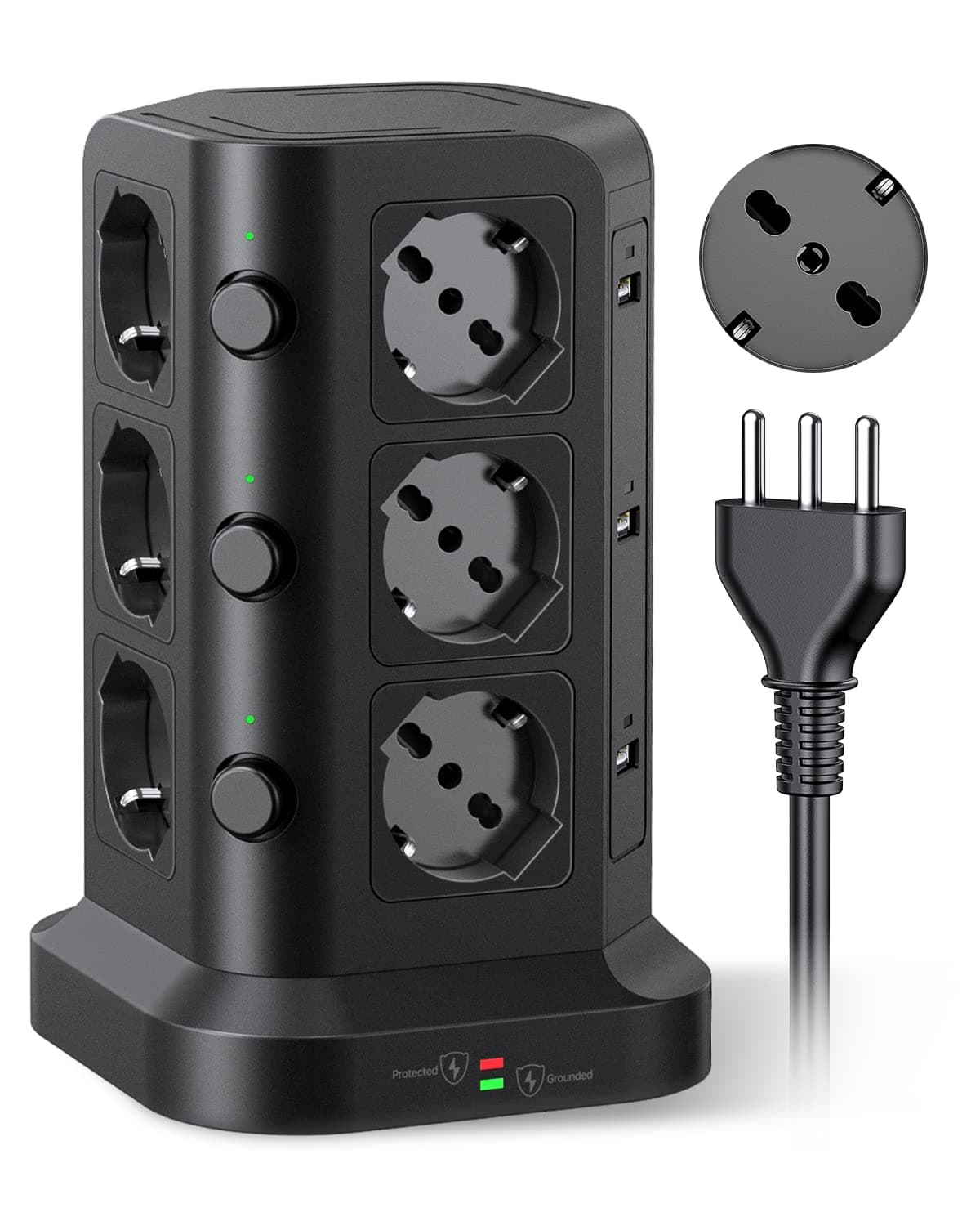 KOOSLA Ciabatta Elettrica con 12 Prese Universali ITA 10/16A e Schuko e 6 slot USB-A(4000W/16A), Multipresa verticale protezione sovratensione con 3 interruttori indipendenti, 2M Cavo, Nero
