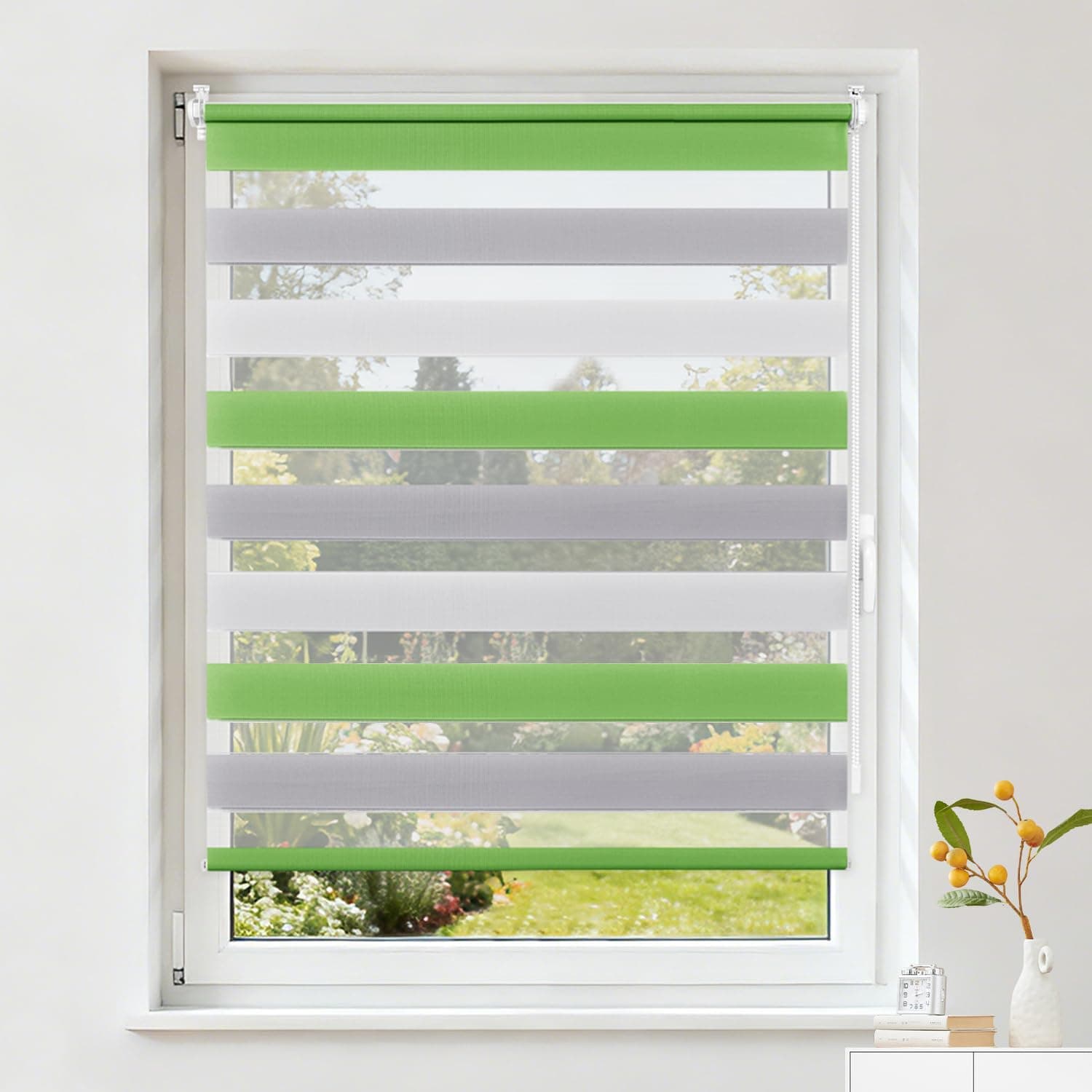 Buseu Store Enrouleur Jour Nuit sans Perçage, Rideau Translucide & Occultant, Fixation Facile par Clips pour Fenêtre ou Porte, Vert-Gris-Blanc, 35l x 150L cm (Largeur du Tissu 35 cm)