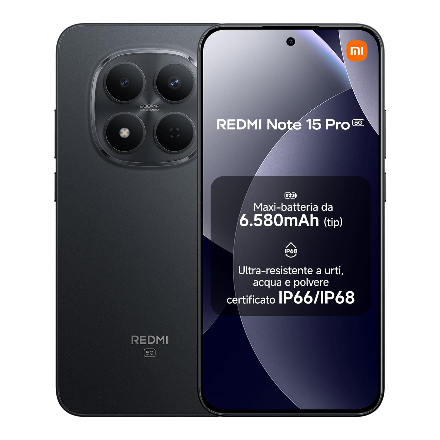 XIAOMI Redmi Note 15 Pro 5G, Smartphone 8+256GB, Batteria massiccia da 6580 mAh, IP66/IP68, Nuova fotocamera 200 MP, Display AMOLED da 6,83", Nero, Garanzia 2 anni, Caricatore non incluso