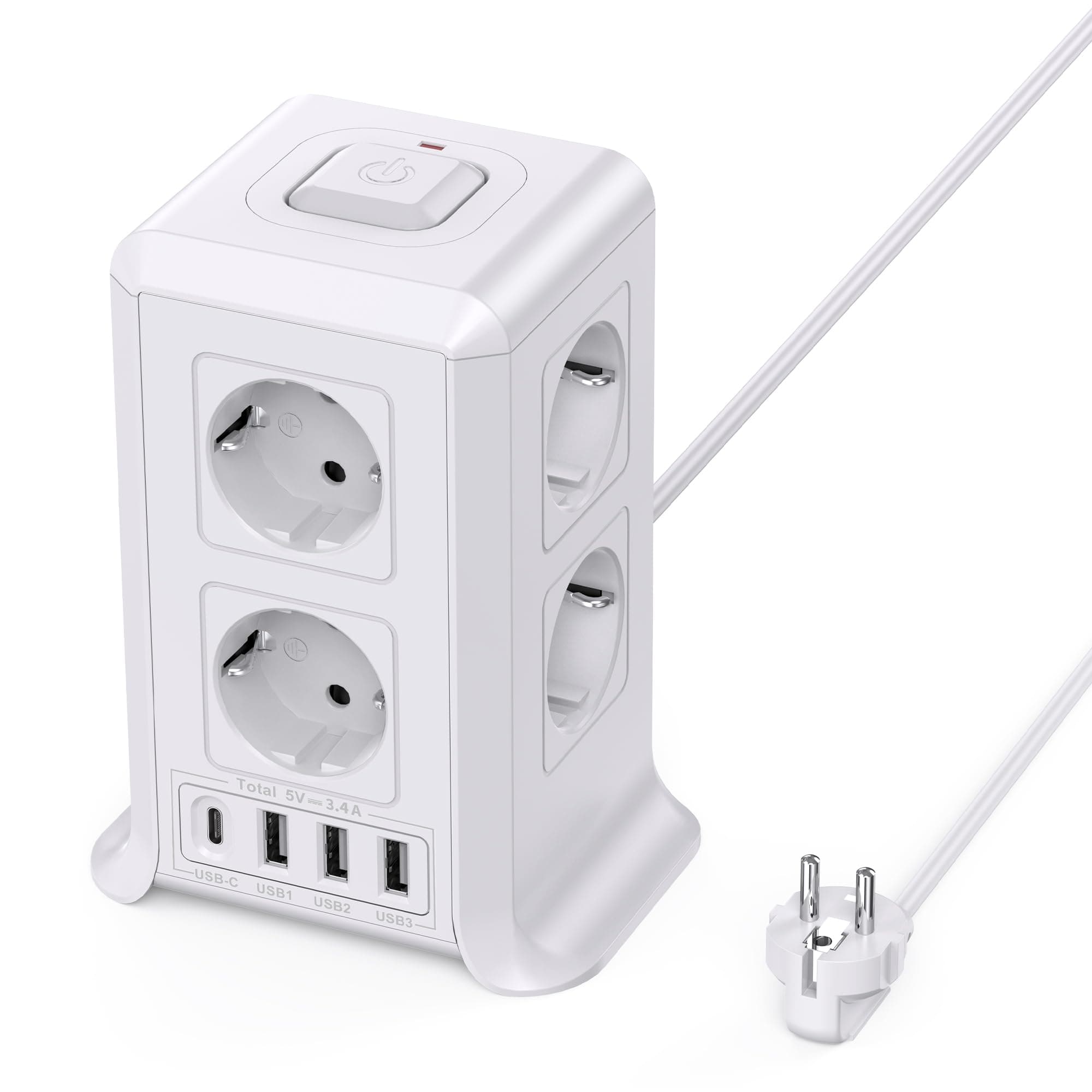 Multiprise avec Interrupteur, Tour Multiprise 8 Prises et 4 USB（3 USB-A&1 USB-C Max 5V/3.4A,Parafoudre et Surtension, 2M Câble à la Maison et au Bureau