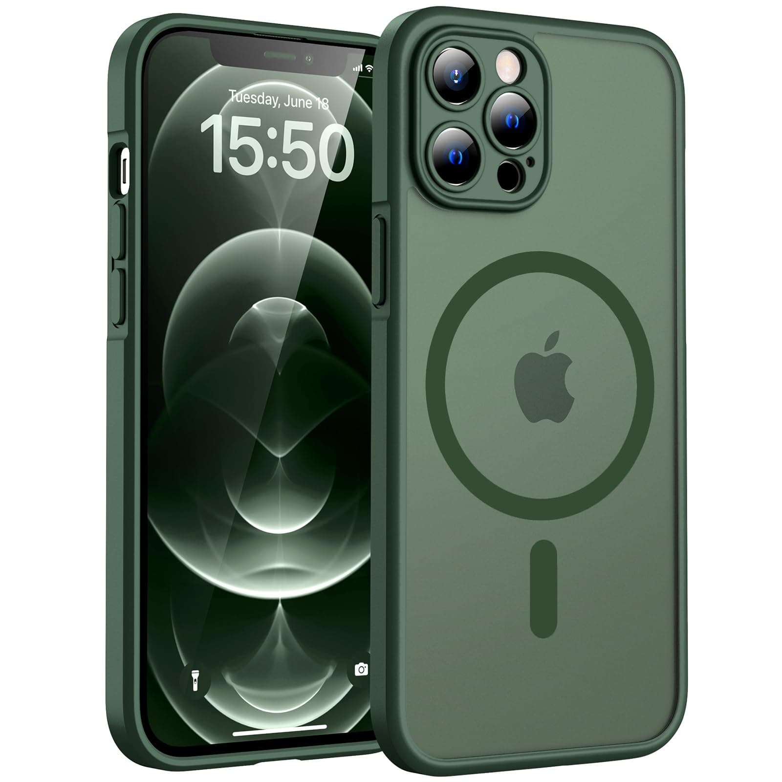 TOCOL Cover Magnetica per iPhone 12 Pro Max 6,7 Pollic, Compatibile con MagSafe, Protezione Fotocamera Integrata, Custodia Antiurto Traslucida Opaca, Verde Alpino