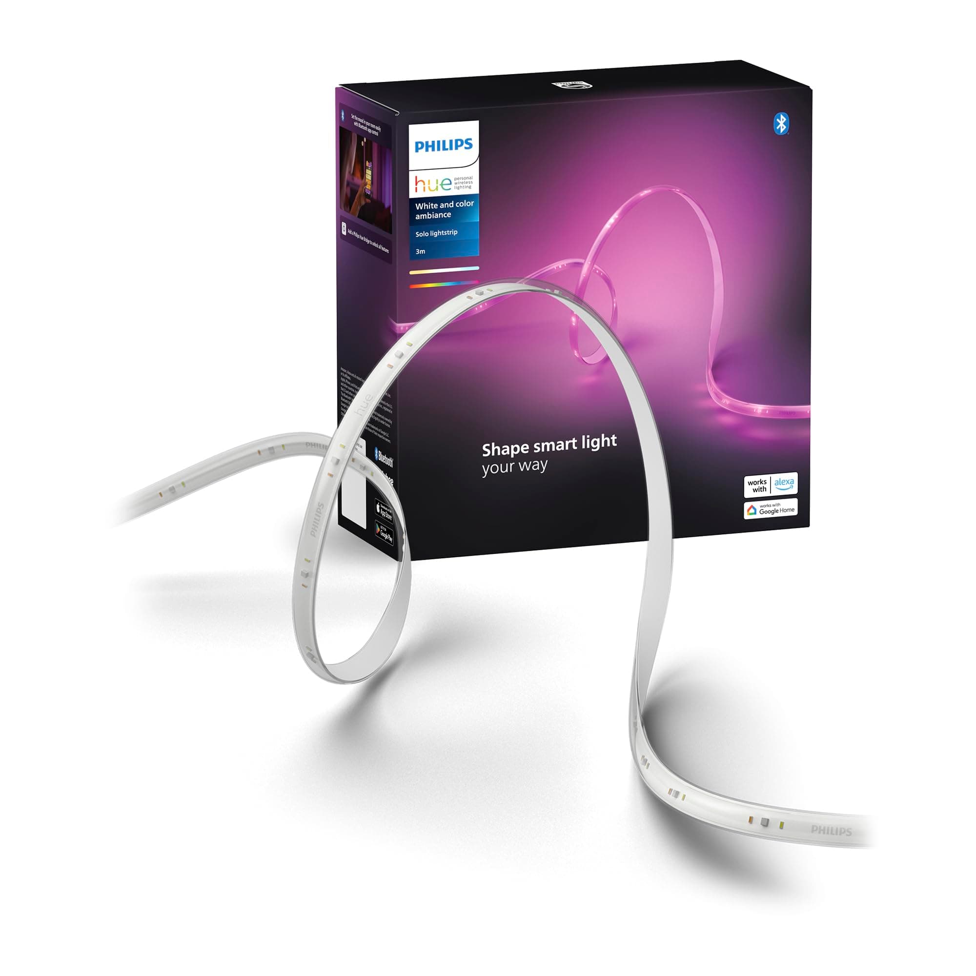 Philips Hue White and Color Ambiance 3 mètres (1 pack) - Kit ruban LED Lightstrip 3m pour l'intérieur - Bande led Philips Hue avec Hue App - Fonctionne avec Alexa, Google Assistant et Apple HomeKit