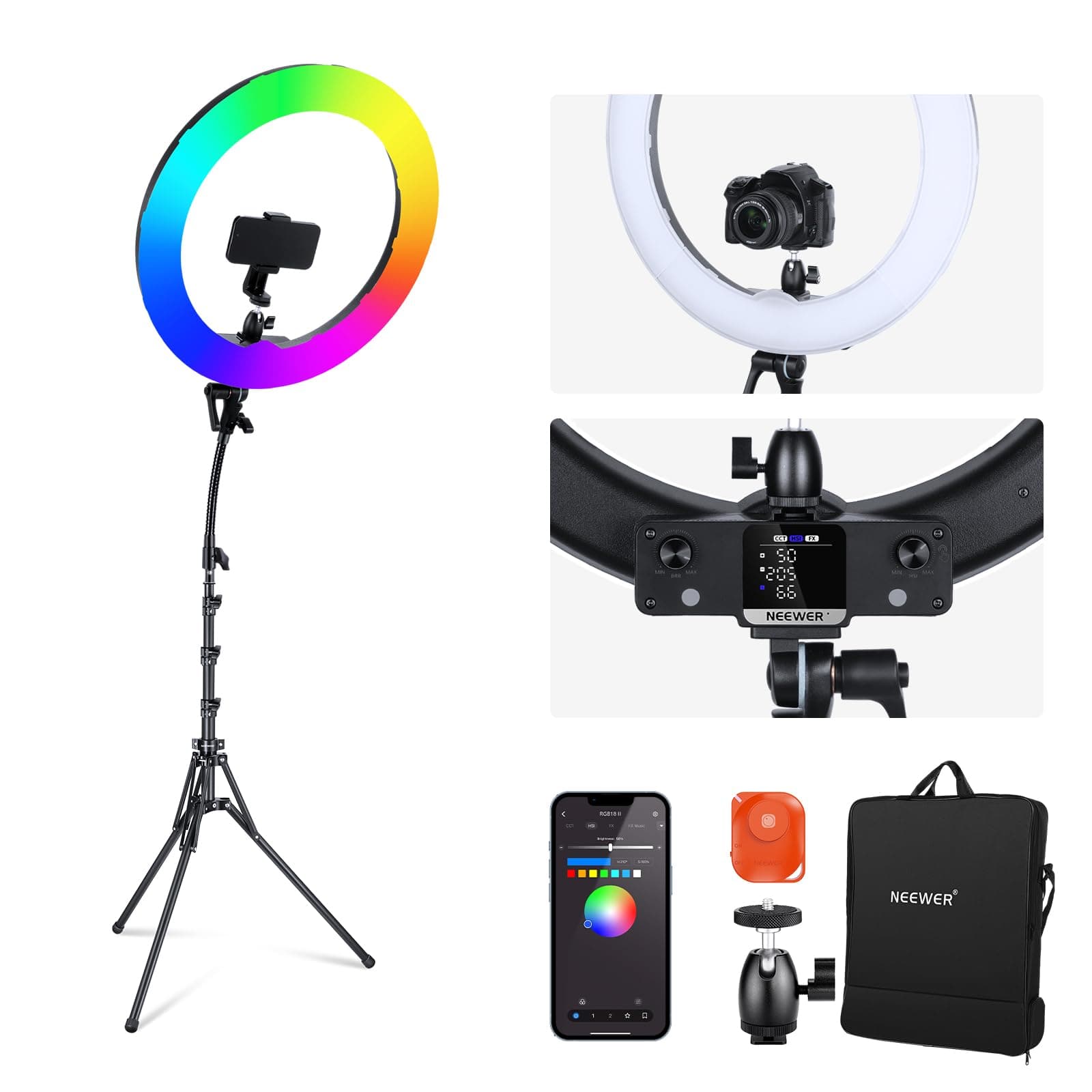 NEEWER Ring Light LED RVB 45,7cm, 42W à Intensité Variable 2500K-10000K GM ± 50 Bicolore CRI97+/TLCI98+ 360° Polychrome 18 Scènes pour Selfie Maquillage TikTok Vlog, RGB18 II