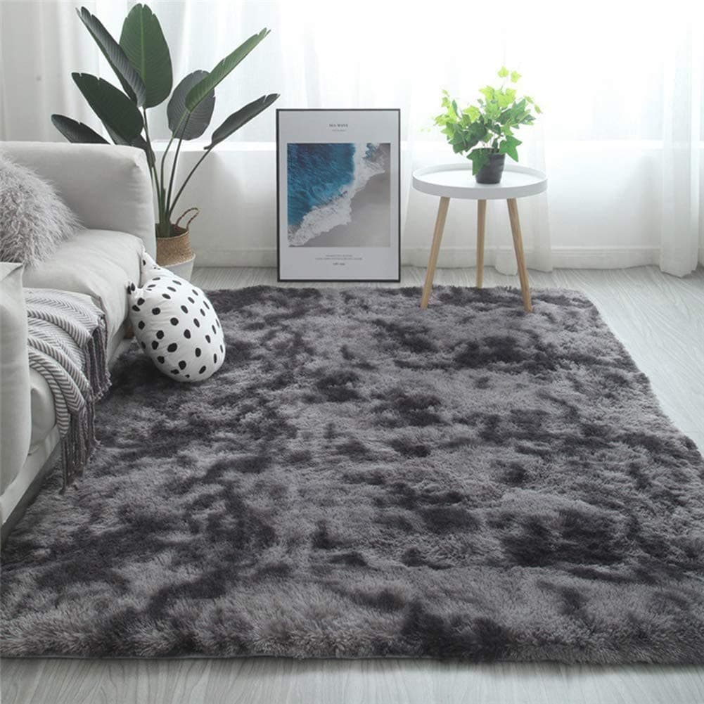 Tapis de salon modernes, salle de séjour, shaggy, à poils longs, chambre à coucher, tapis de lit en peluche (noir gris, 140 x 200 cm)