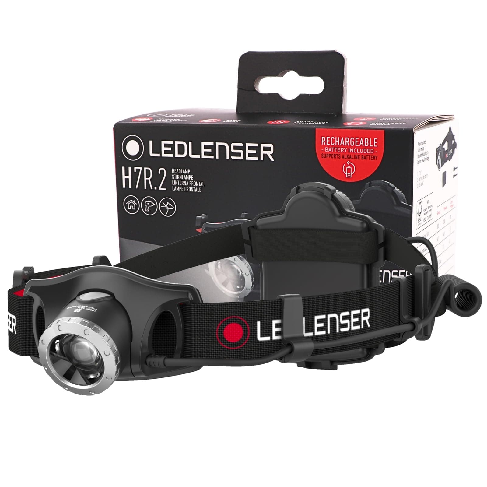 Ledlenser H7R.2 Stirnlampe LED, aufladbar mit Lithium Akku, auch mit 4xAAA Batterien nutzbar, fokussierbar, 300 Lumen, stufenlos dimmbar, Leuchtweite 160m, rotes Rücklicht, USB Ladekabel, schwenkbar