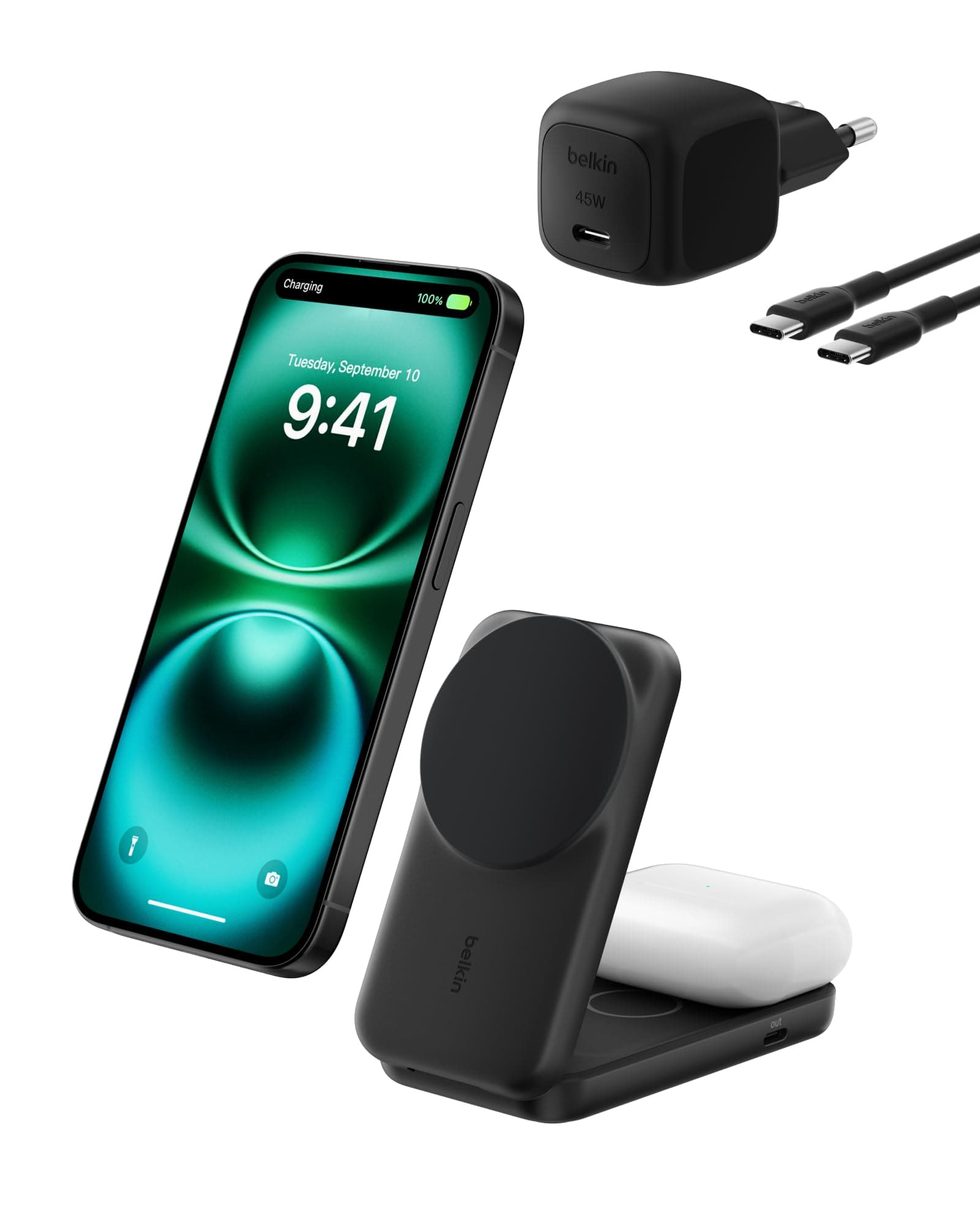 Belkin UltraCharge Chargeur Induction Qi2 25W, Station de Charge 2 en 1 pour iPhone 17, iPhone Air, AirPods, Pixelsnap, Compatible avec MagSafe avec Port-USB-C et Adaptateur 45W - Noir