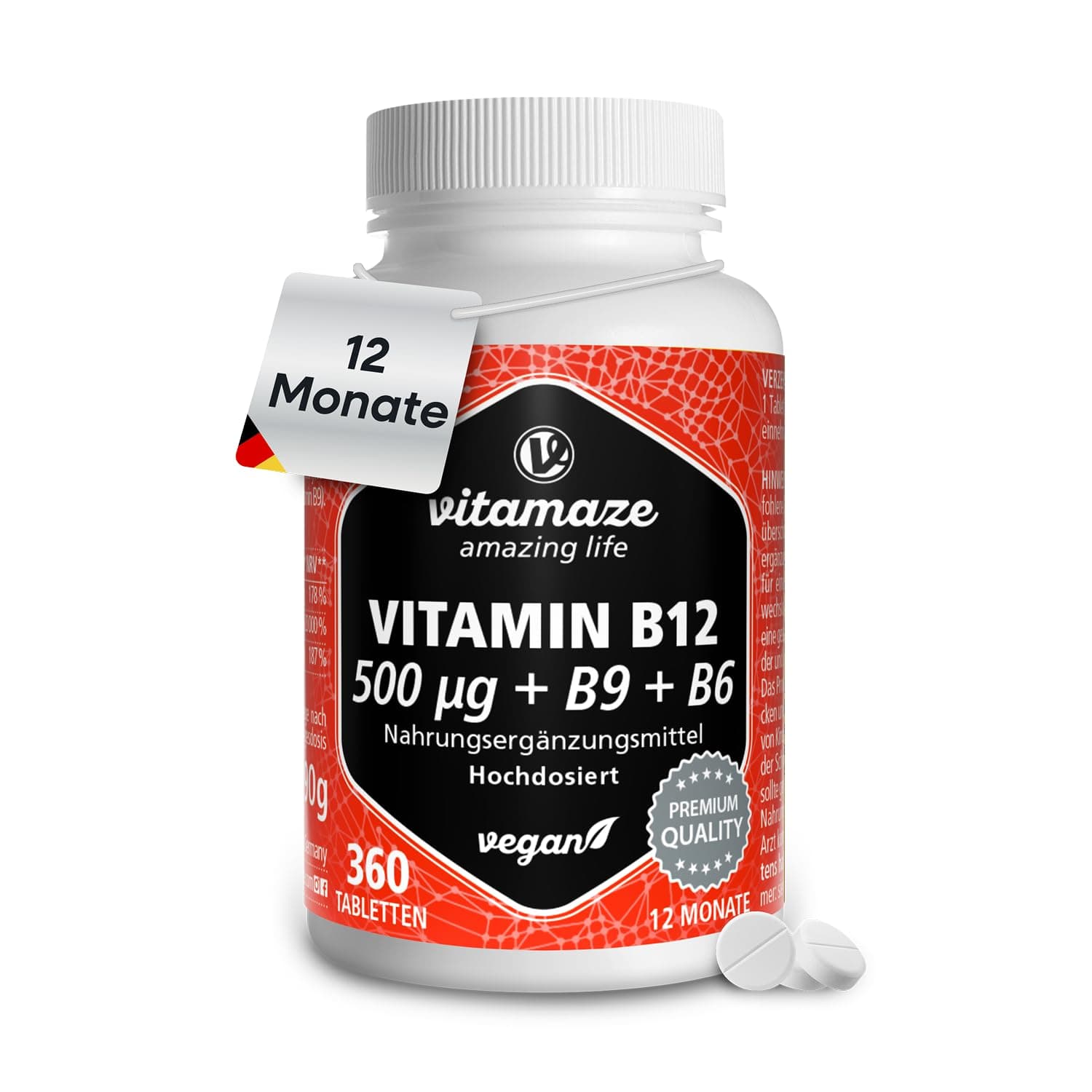 Vitamin B12 500 mcg hochdosiert, 360 Tabletten für 1 Jahr mit 375 mcg Vitamin B9 Folsäure + Vitamin B6, Natürliche Nahrungsergänzung ohne Zusatzstoffe, Made in Germany